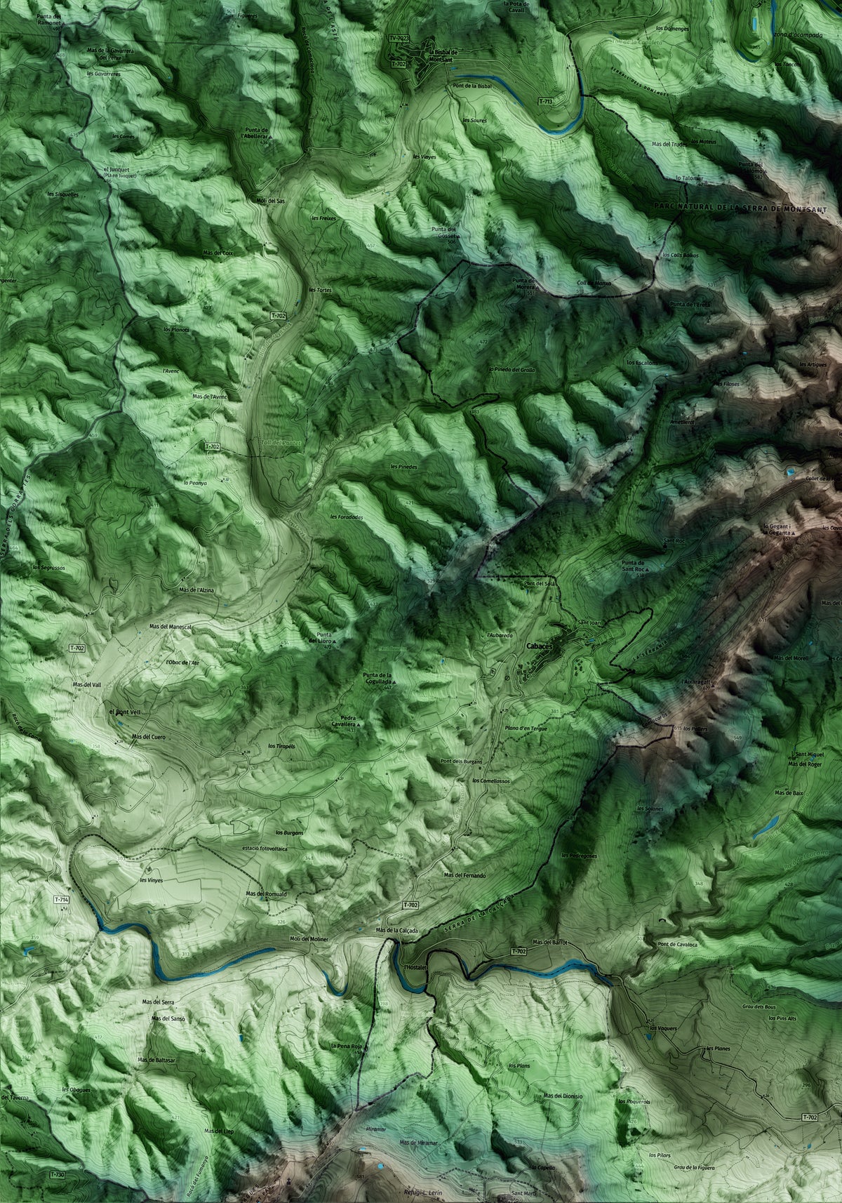 Mapa artístico del relieve de Margalef, al Priorat, con 15 km de entorno y base topográfica ICGC. Detalle de la zona inferior izquierda.