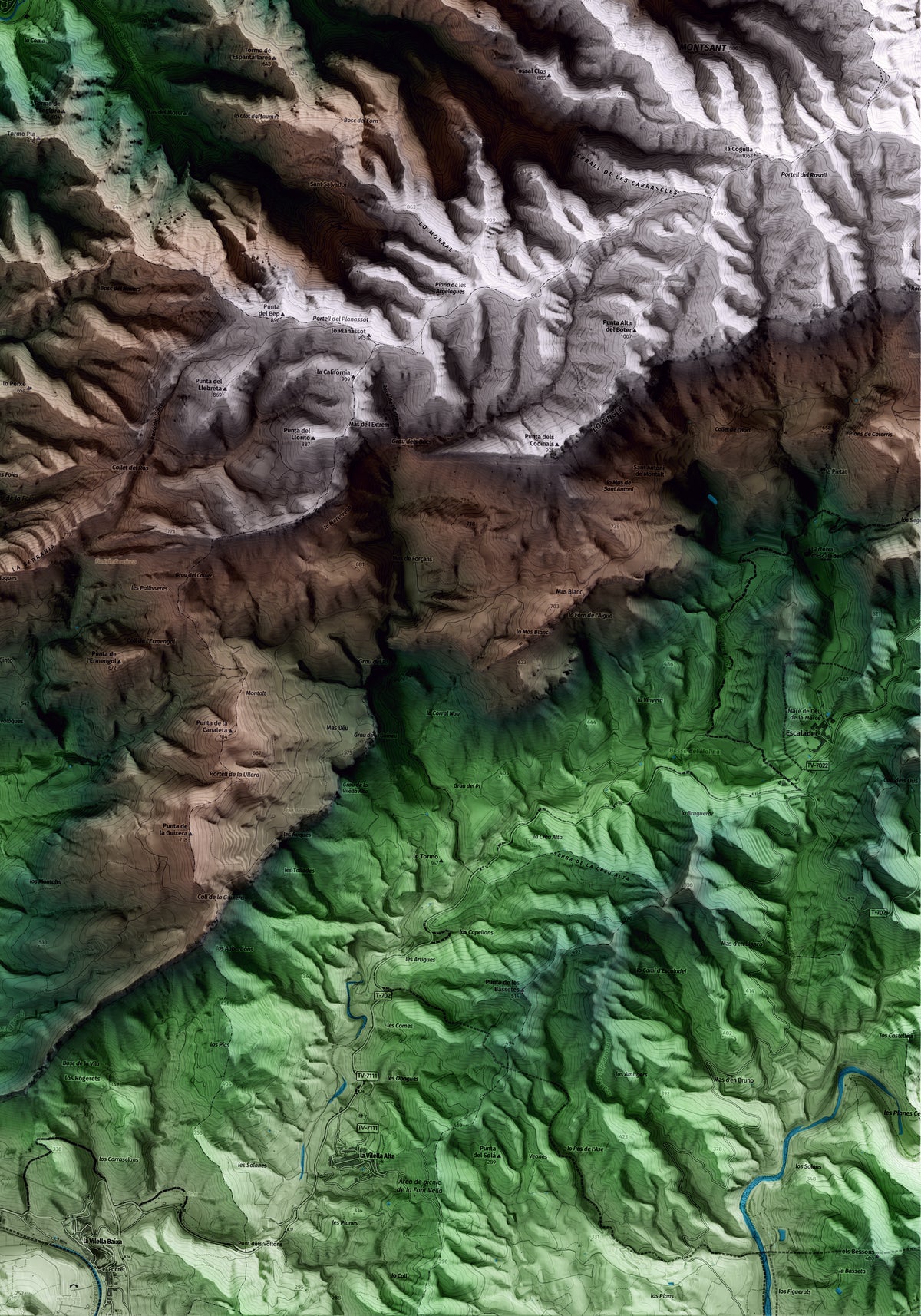 Mapa artístico del relieve de Margalef, al Priorat, con 15 km de entorno y base topográfica ICGC. Detalle de la zona inferior derecha.