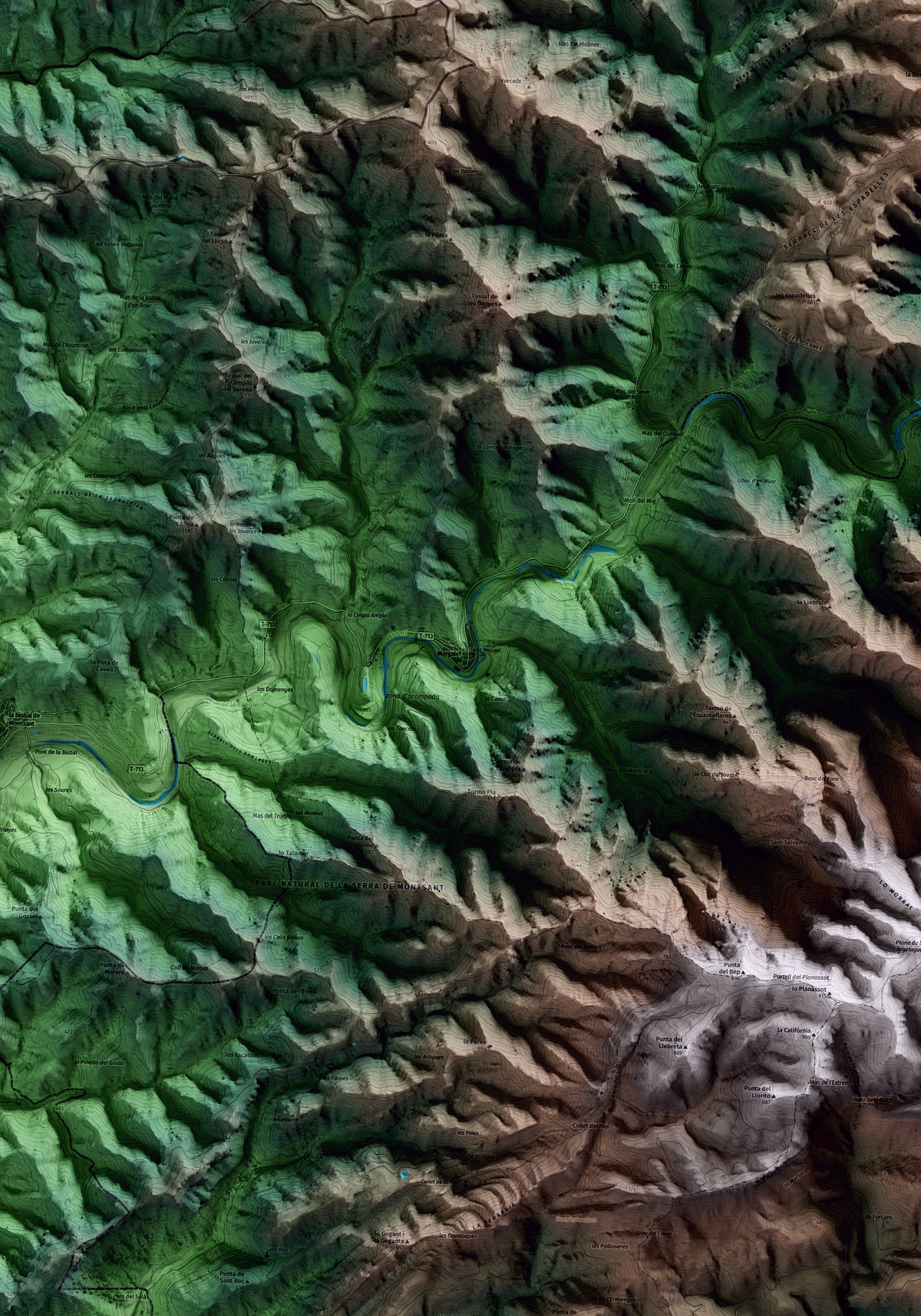 Mapa artístico del relieve de Margalef, al Priorat, con 15 km de entorno y base topográfica ICGC. Detalle de la zona central.