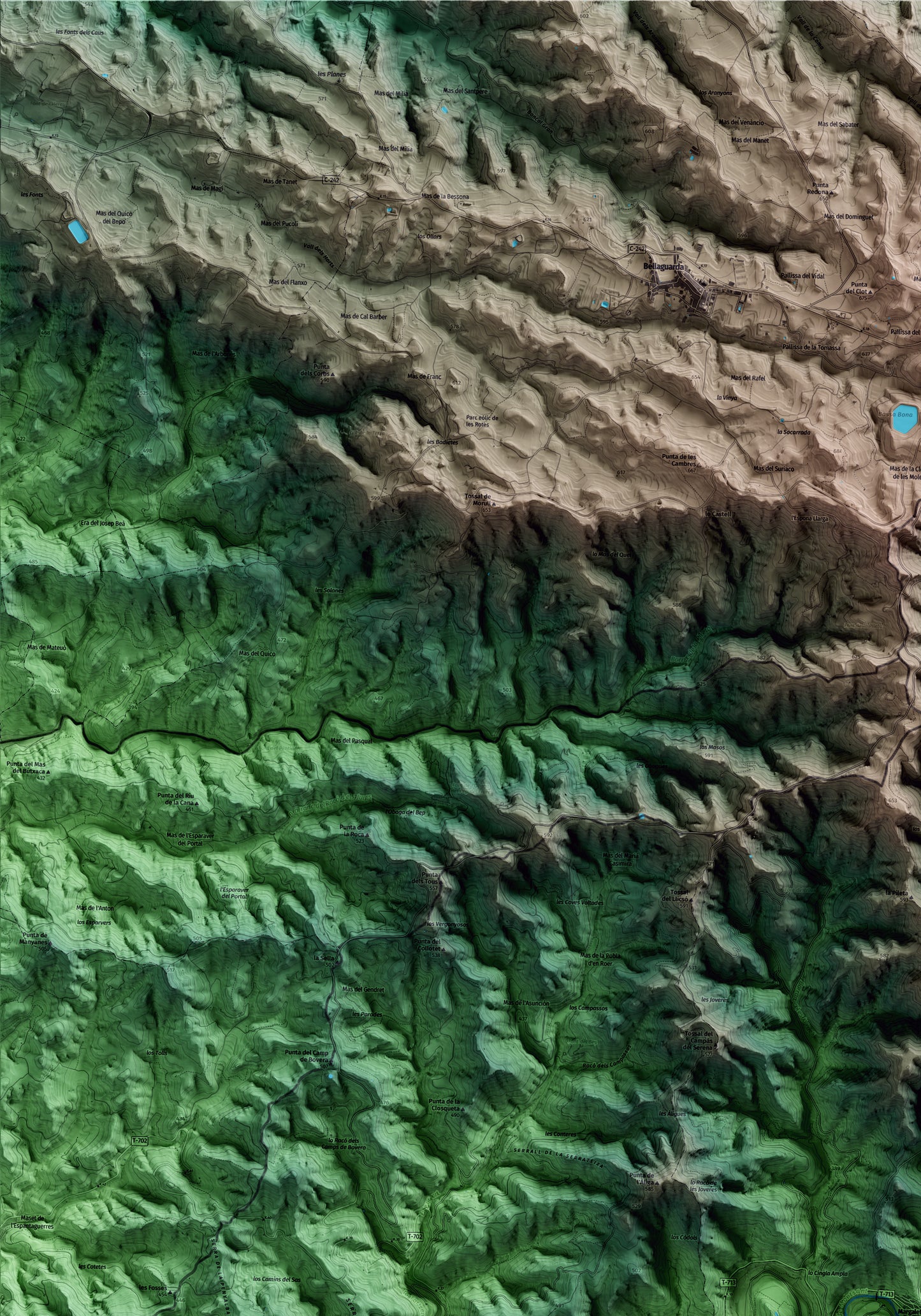 Mapa artístico del relieve de Margalef, al Priorat, con 15 km de entorno y base topográfica ICGC. Detalle de la zona superior izquierda.