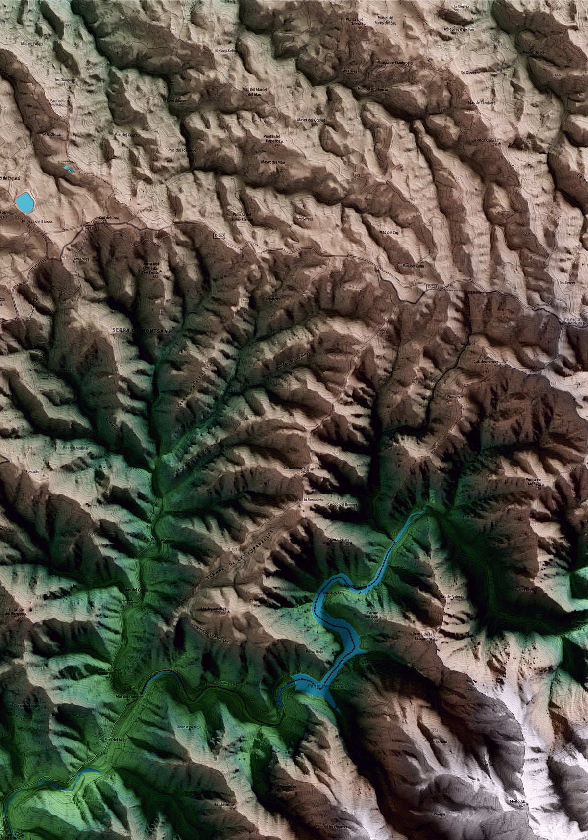Mapa artístico del relieve de Margalef, al Priorat, con 15 km de entorno y base topográfica ICGC. Detalle de la zona superior derecha.