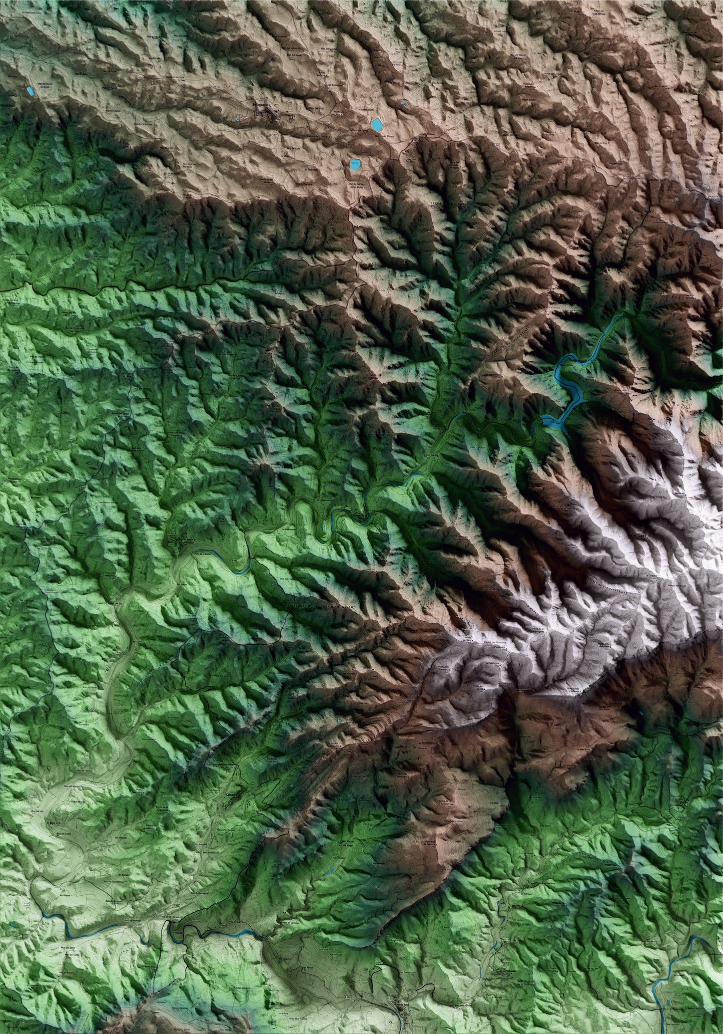 Mapa artístico del relieve de Margalef, al Priorat, con 15 km de entorno y base topográfica ICGC