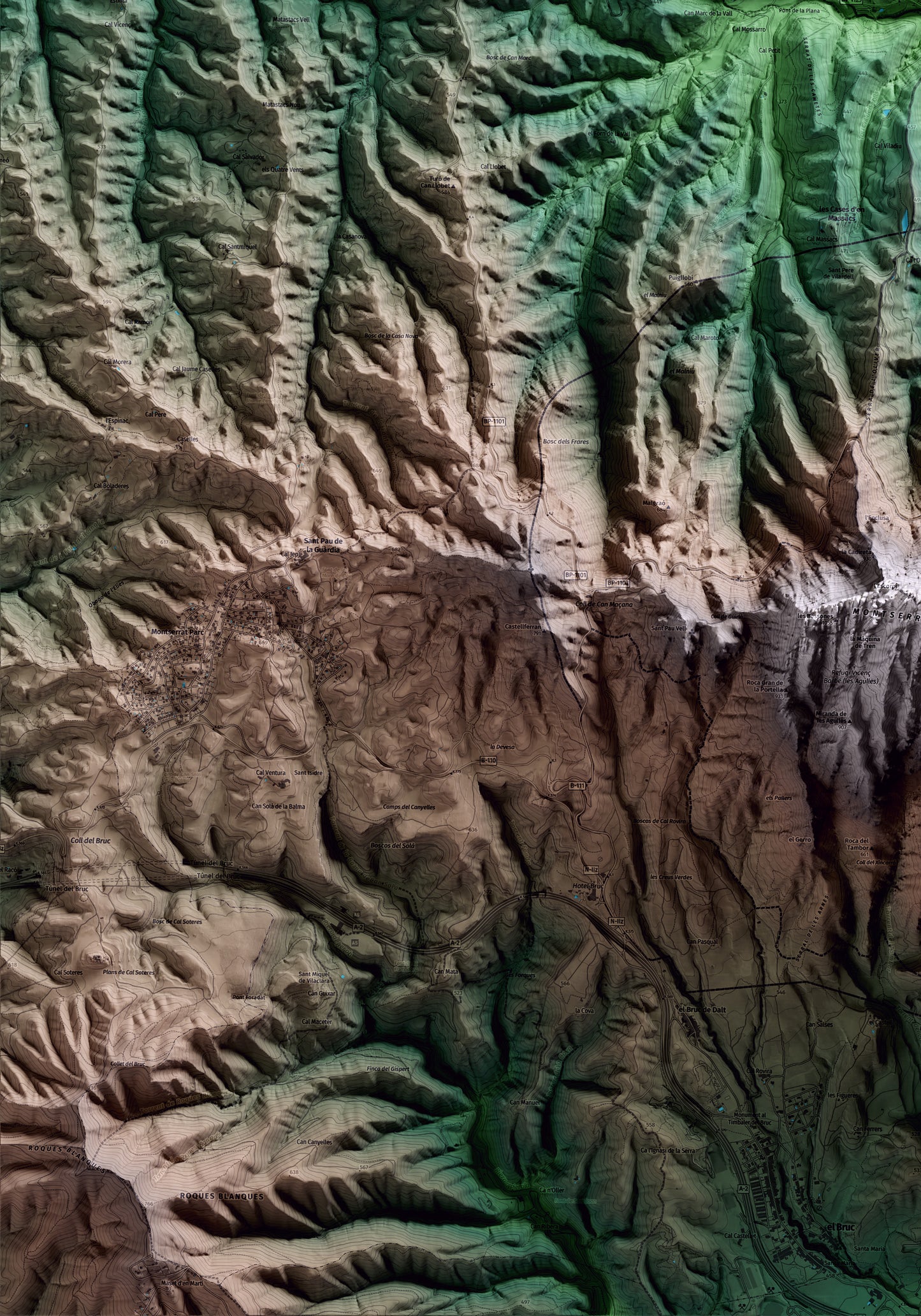 Mapa artístico del relieve de Marganell, al Bages, con 15 km de entorno y base topográfica ICGC. Detalle de la zona inferior izquierda.