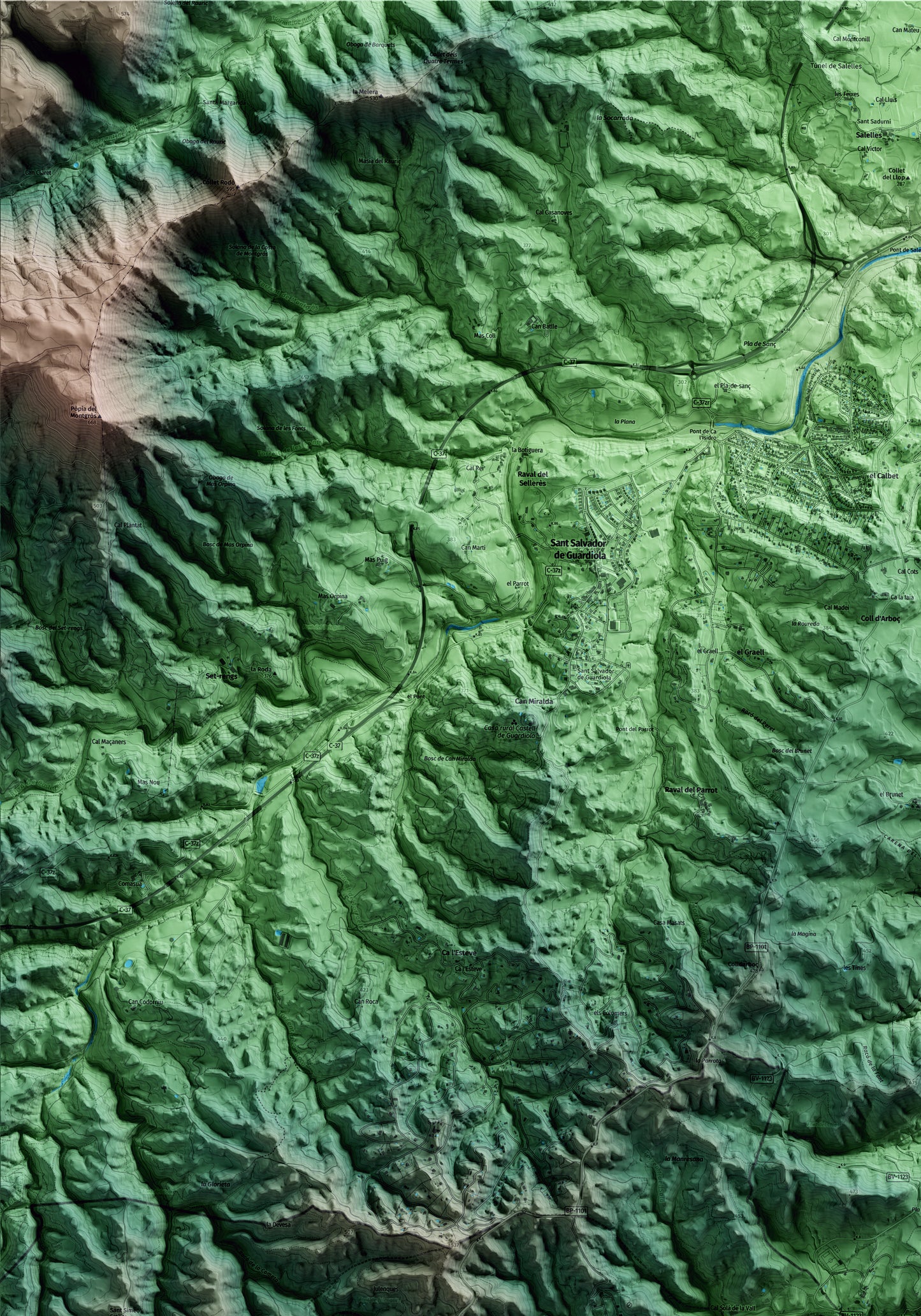 Mapa artístico del relieve de Marganell, al Bages, con 15 km de entorno y base topográfica ICGC. Detalle de la zona superior izquierda.
