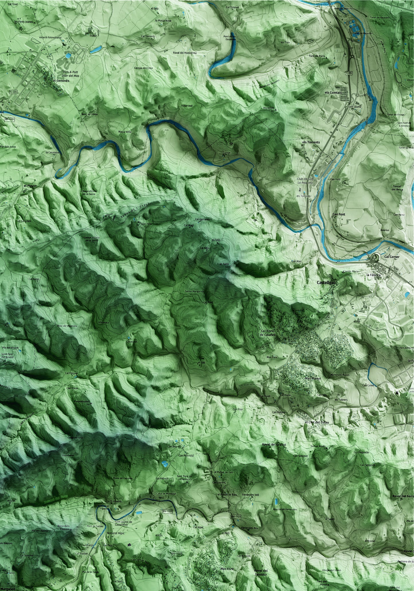 Mapa artístico del relieve de Marganell, al Bages, con 15 km de entorno y base topográfica ICGC. Detalle de la zona superior derecha.