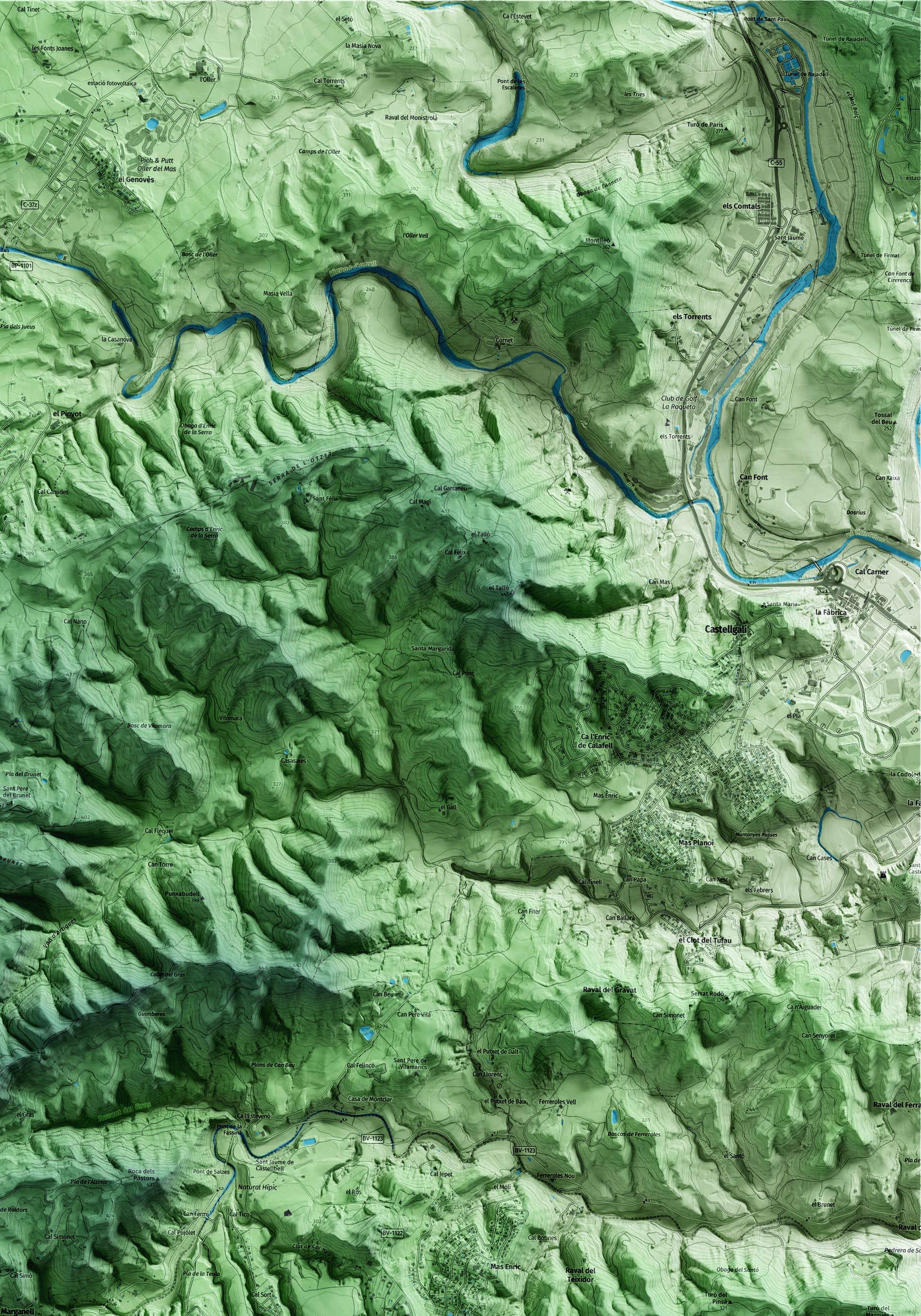 Mapa artístico del relieve de Marganell, al Bages, con 15 km de entorno y base topográfica ICGC. Detalle de la zona superior derecha.