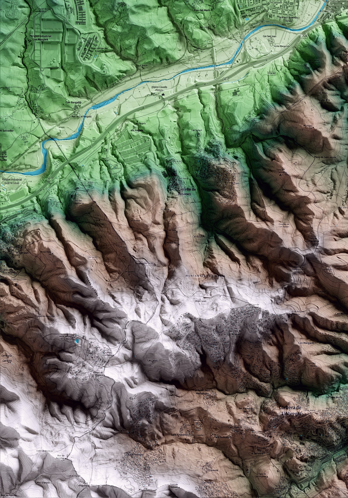 Mapa artístico del relieve de Martorell, al Baix Llobregat, con 15 km de entorno y base topográfica ICGC. Detalle de la zona inferior izquierda.