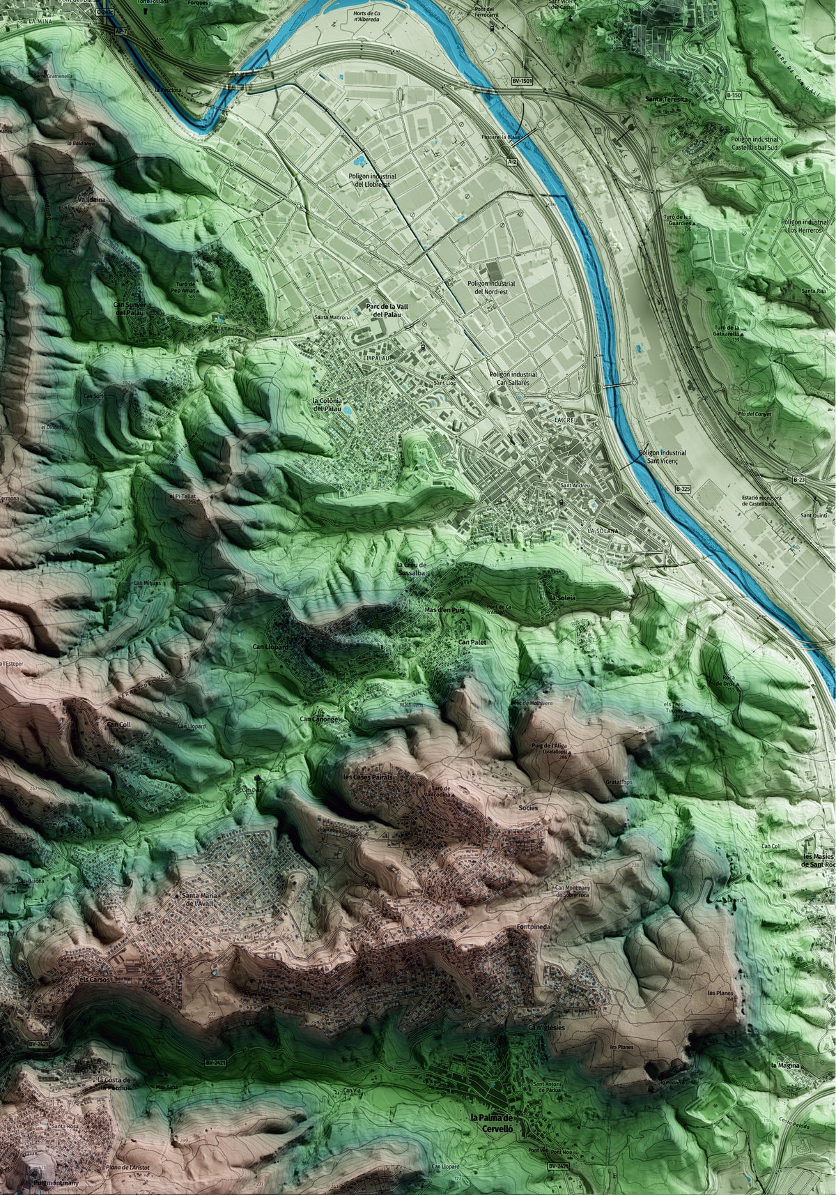 Mapa artístico del relieve de Martorell, al Baix Llobregat, con 15 km de entorno y base topográfica ICGC. Detalle de la zona inferior derecha.