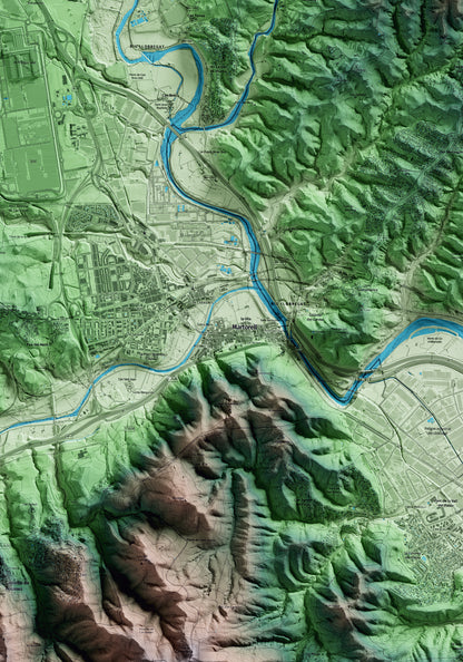 Mapa artístico del relieve de Martorell, al Baix Llobregat, con 15 km de entorno y base topográfica ICGC. Detalle de la zona central.