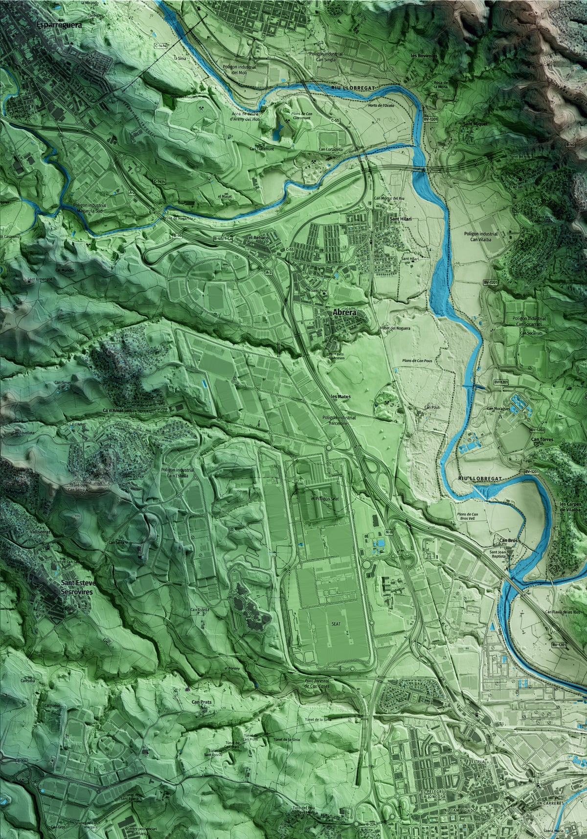 Mapa artístico del relieve de Martorell, al Baix Llobregat, con 15 km de entorno y base topográfica ICGC. Detalle de la zona superior izquierda.