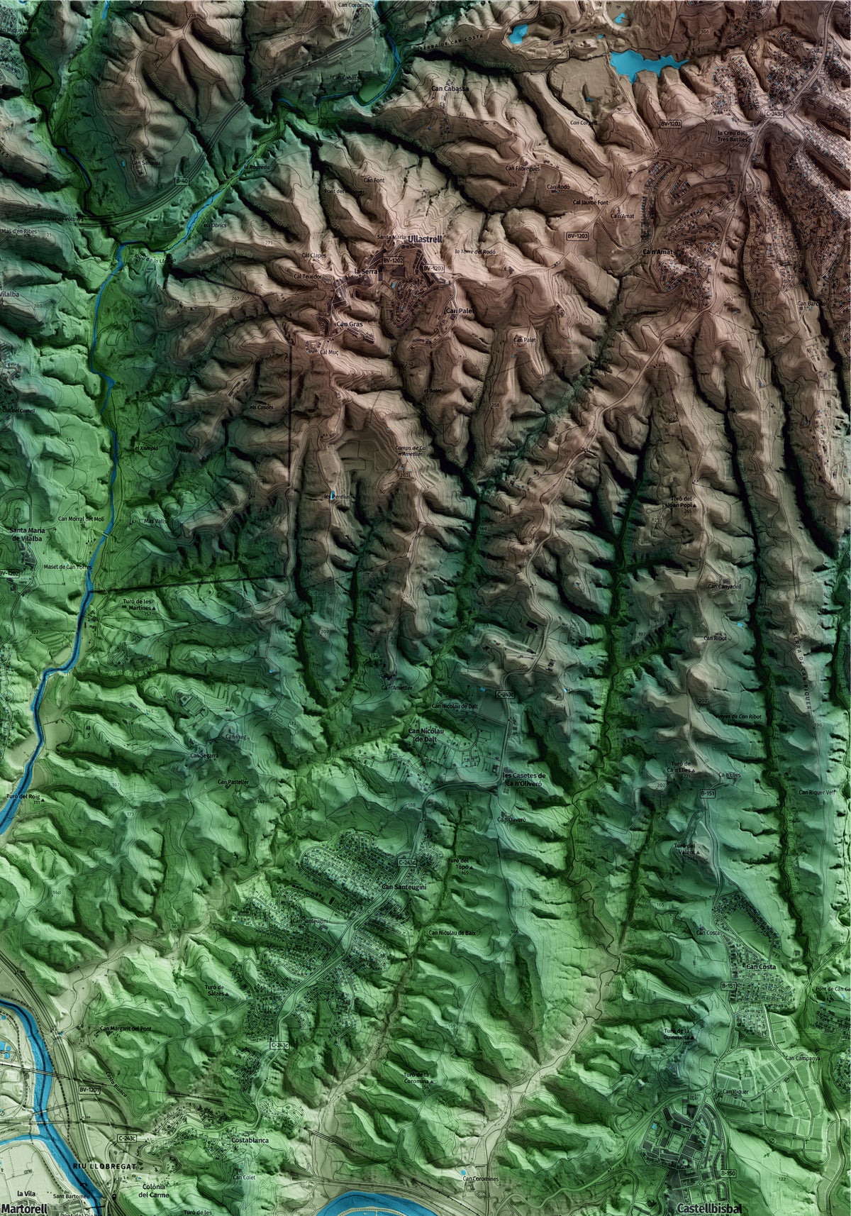 Mapa artístico del relieve de Martorell, al Baix Llobregat, con 15 km de entorno y base topográfica ICGC. Detalle de la zona superior derecha.
