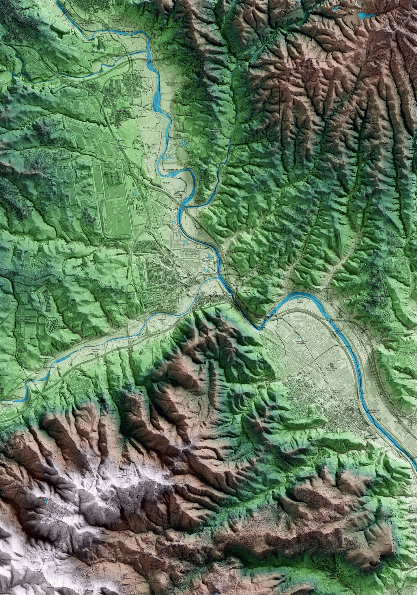 Mapa artístico del relieve de Martorell, al Baix Llobregat, con 15 km de entorno y base topográfica ICGC