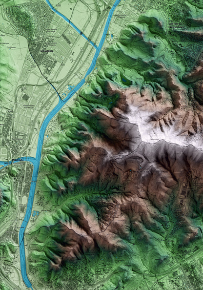 Mapa artístico del relieve de Martorelles, al Vallès Oriental, con 15 km de entorno y base topográfica ICGC. Detalle de la zona inferior izquierda.