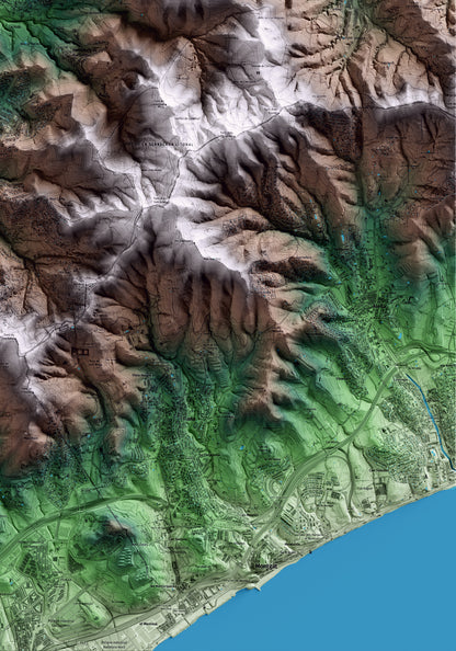 Mapa artístico del relieve de Martorelles, al Vallès Oriental, con 15 km de entorno y base topográfica ICGC. Detalle de la zona inferior derecha.