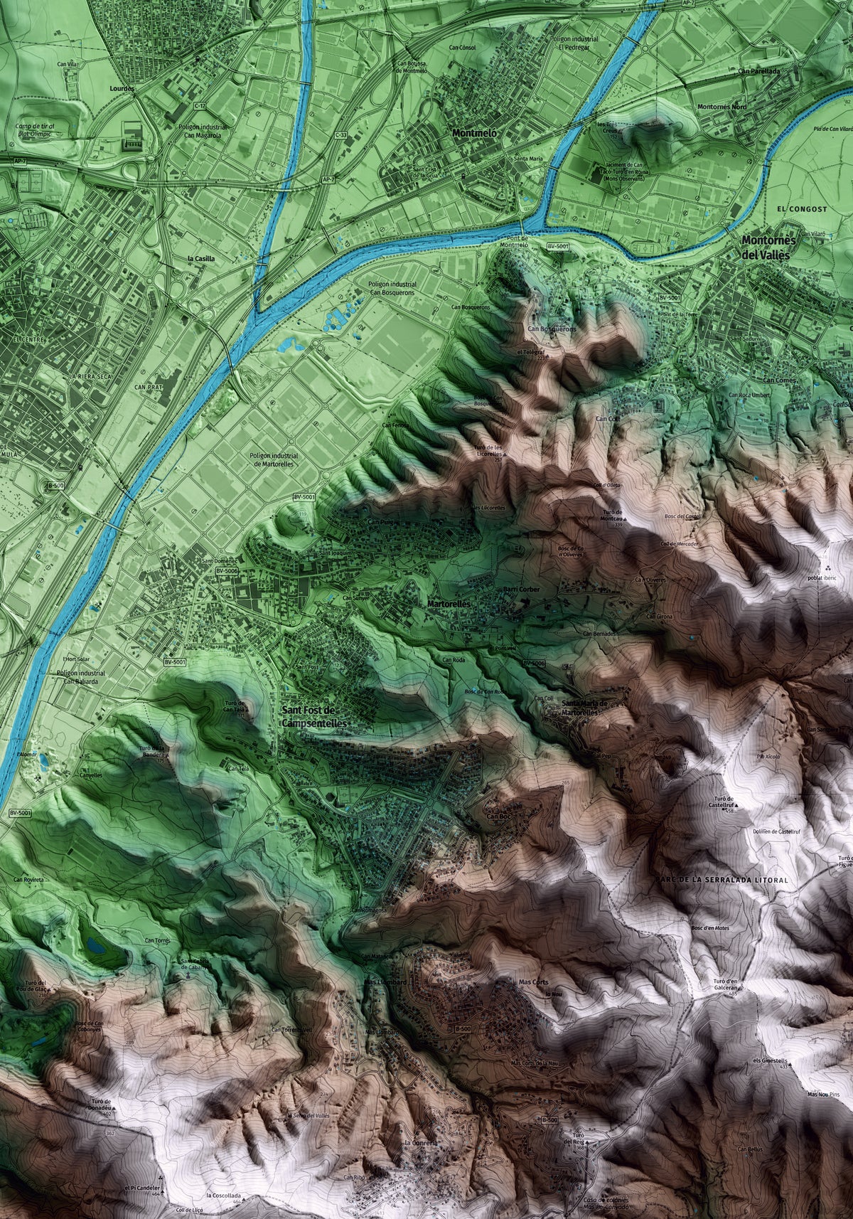 Mapa artístico del relieve de Martorelles, al Vallès Oriental, con 15 km de entorno y base topográfica ICGC. Detalle de la zona central.