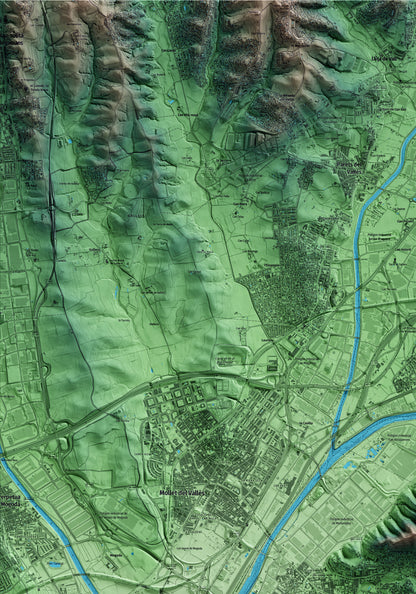 Mapa artístico del relieve de Martorelles, al Vallès Oriental, con 15 km de entorno y base topográfica ICGC. Detalle de la zona superior izquierda.