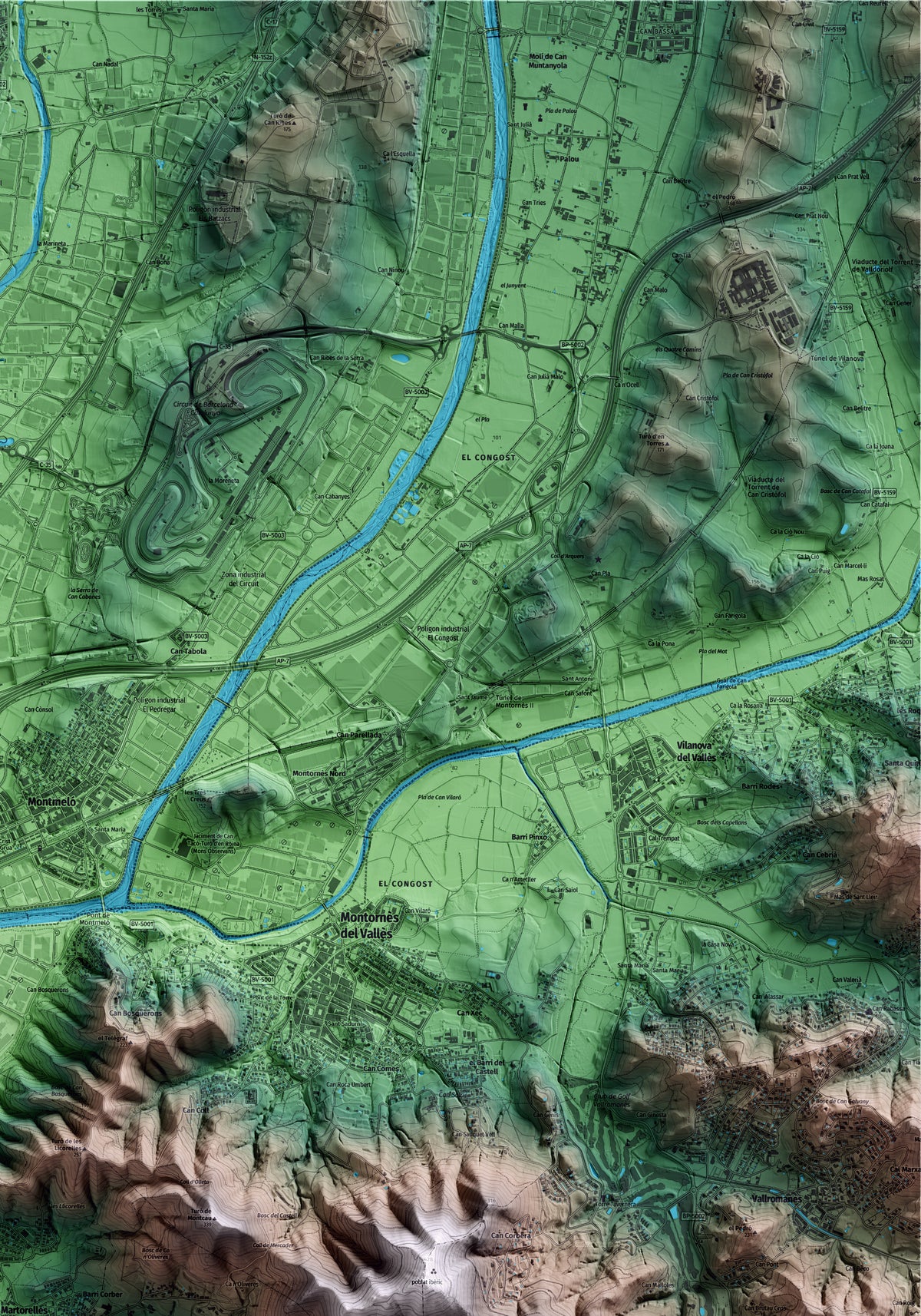 Mapa artístico del relieve de Martorelles, al Vallès Oriental, con 15 km de entorno y base topográfica ICGC. Detalle de la zona superior derecha.