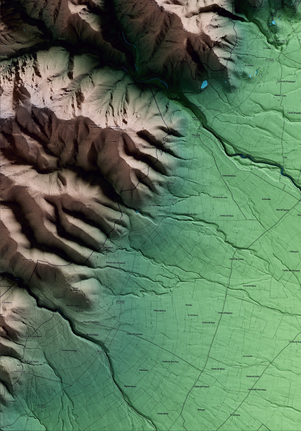 Mapa artístico del relieve de Mas de Barberans, al Montsià, con 15 km de entorno y base topográfica ICGC. Detalle de la zona inferior izquierda.