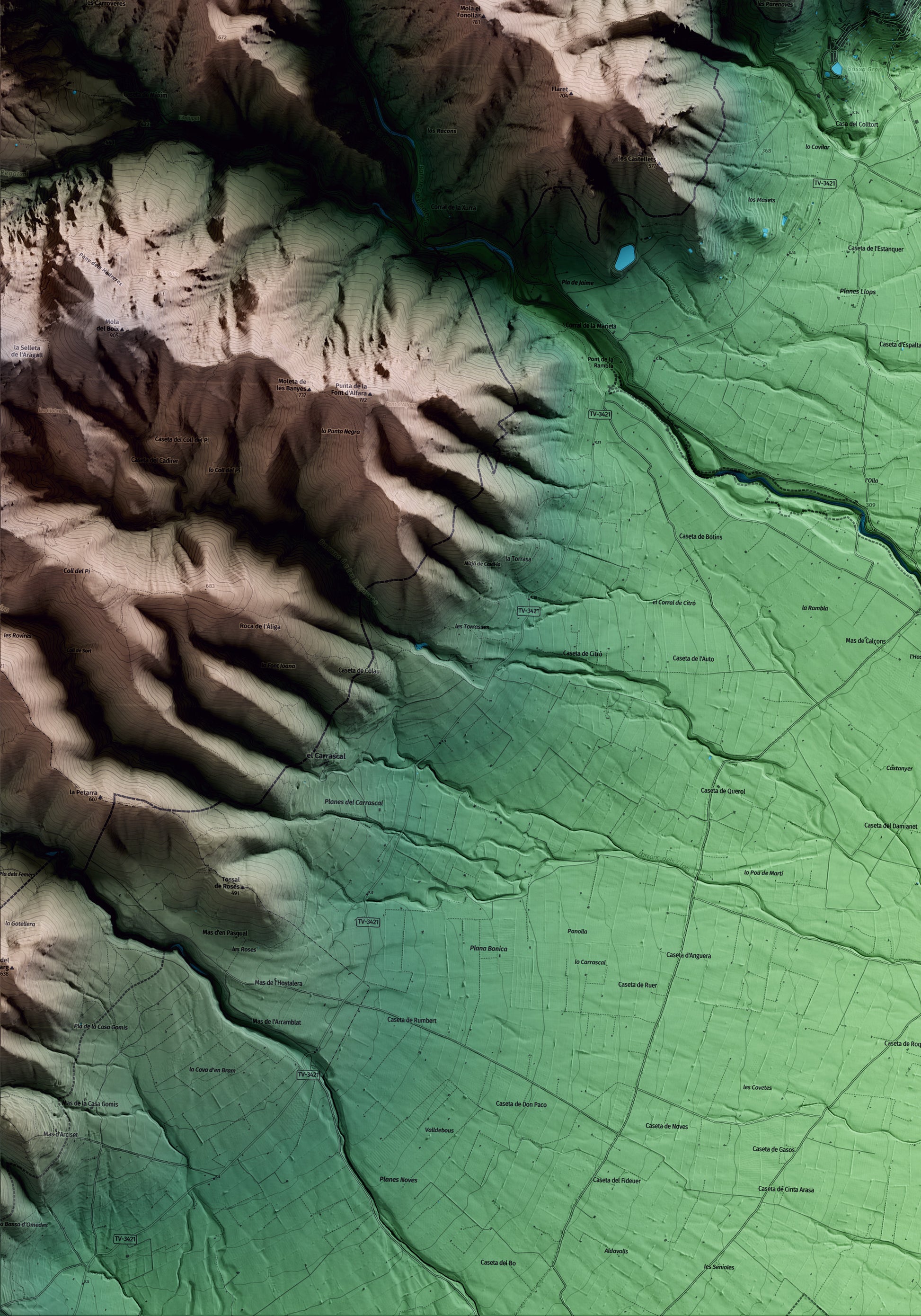 Mapa artístico del relieve de Mas de Barberans, al Montsià, con 15 km de entorno y base topográfica ICGC. Detalle de la zona inferior izquierda.