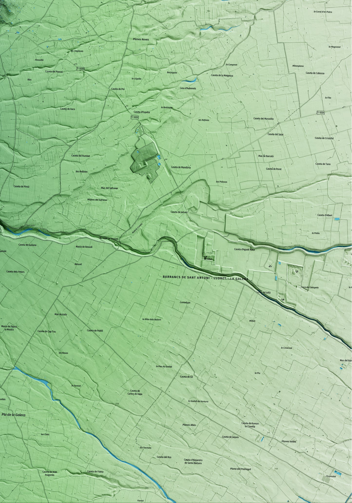 Mapa artístico del relieve de Mas de Barberans, al Montsià, con 15 km de entorno y base topográfica ICGC. Detalle de la zona inferior derecha.