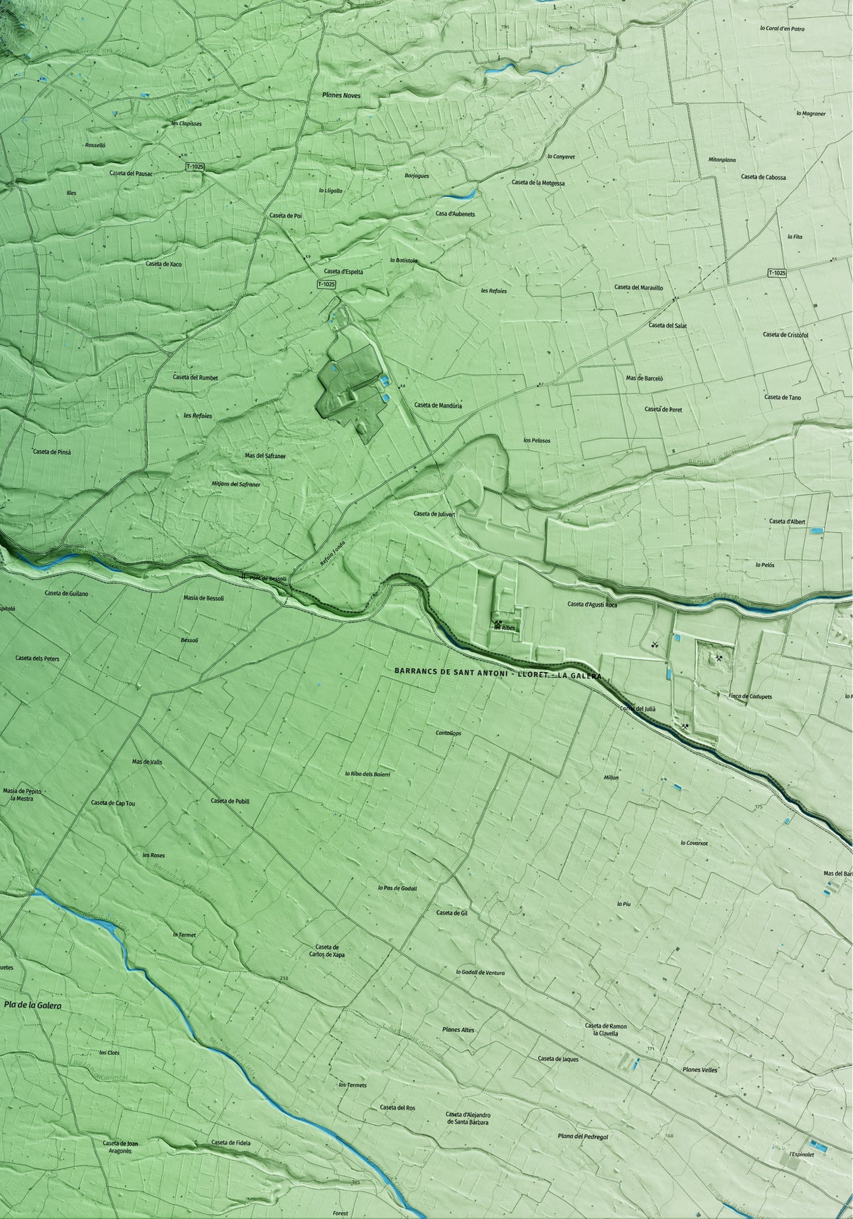 Mapa artístico del relieve de Mas de Barberans, al Montsià, con 15 km de entorno y base topográfica ICGC. Detalle de la zona inferior derecha.