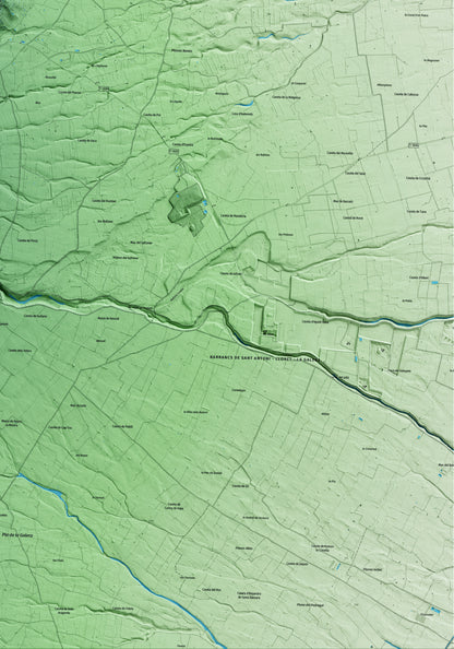 Mapa artístico del relieve de Mas de Barberans, al Montsià, con 15 km de entorno y base topográfica ICGC. Detalle de la zona inferior derecha.