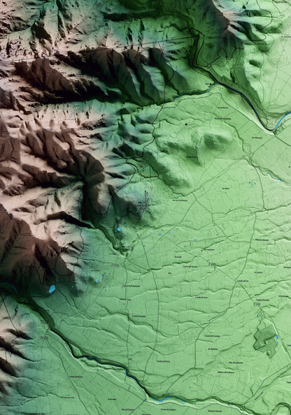 Mapa artístico del relieve de Mas de Barberans, al Montsià, con 15 km de entorno y base topográfica ICGC. Detalle de la zona central.