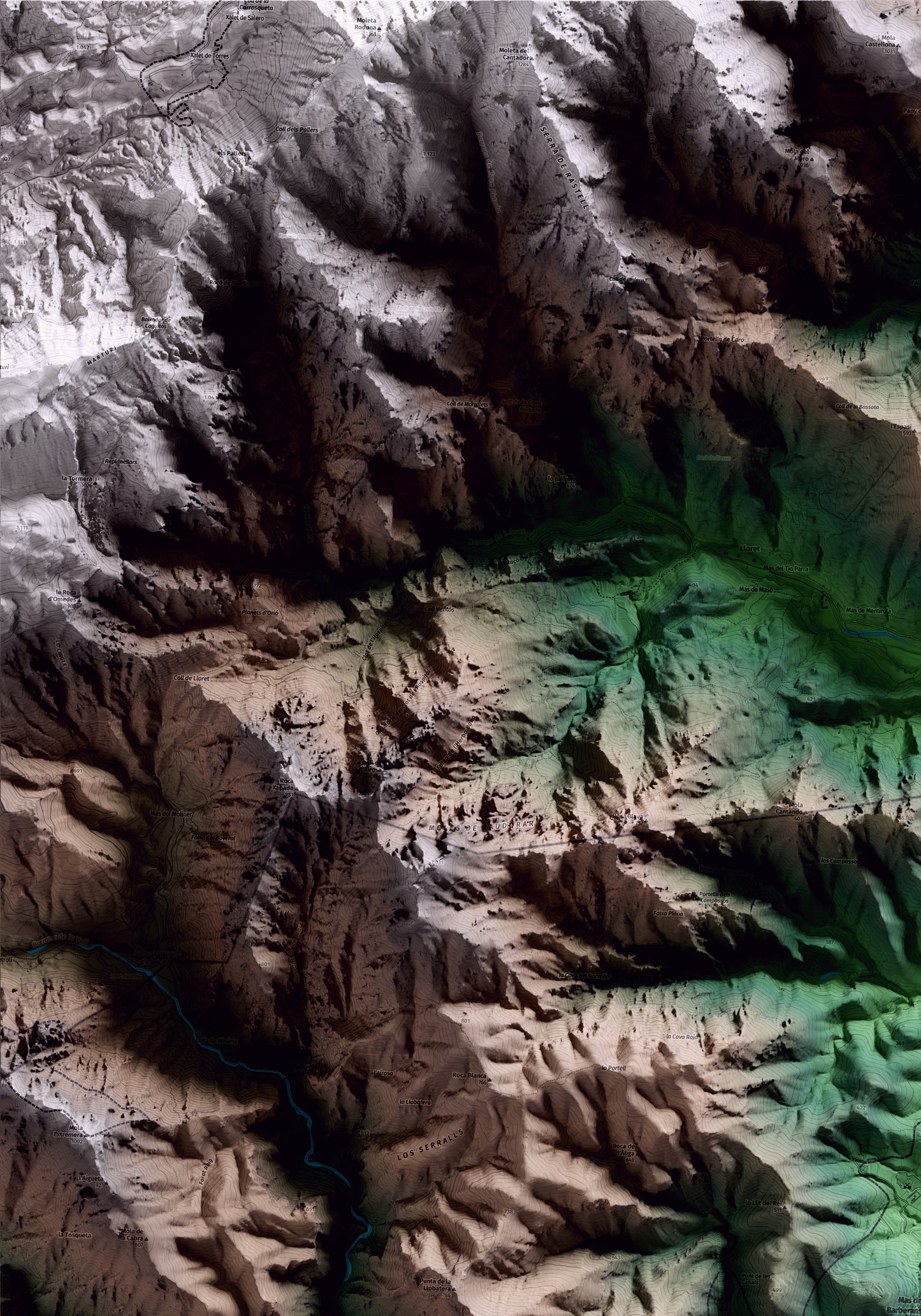 Mapa artístico del relieve de Mas de Barberans, al Montsià, con 15 km de entorno y base topográfica ICGC. Detalle de la zona superior izquierda.