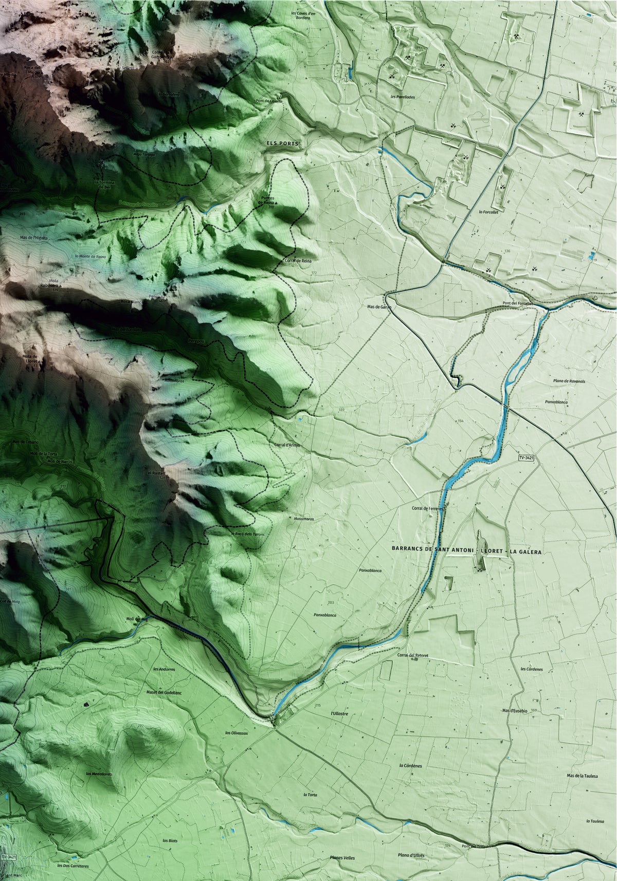 Mapa artístico del relieve de Mas de Barberans, al Montsià, con 15 km de entorno y base topográfica ICGC. Detalle de la zona superior derecha.