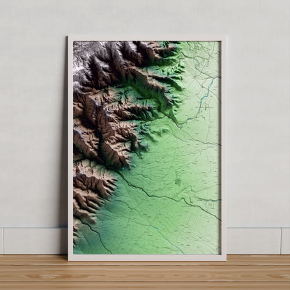 Mapa artístico del relieve de Mas de Barberans, al Montsià, con 15 km de entorno y base topográfica ICGC. Presentación enmarcada.
