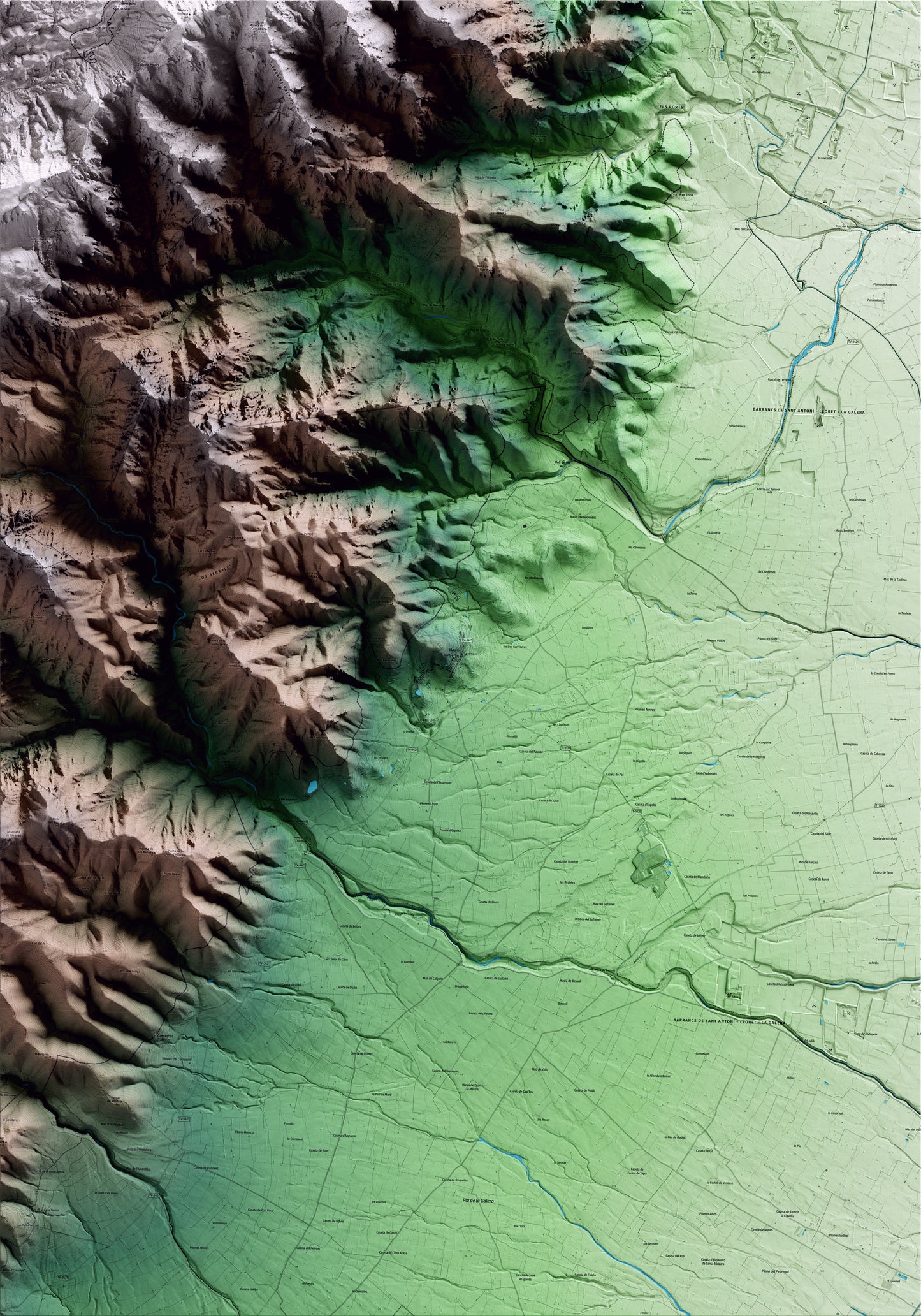 Mapa artístico del relieve de Mas de Barberans, al Montsià, con 15 km de entorno y base topográfica ICGC
