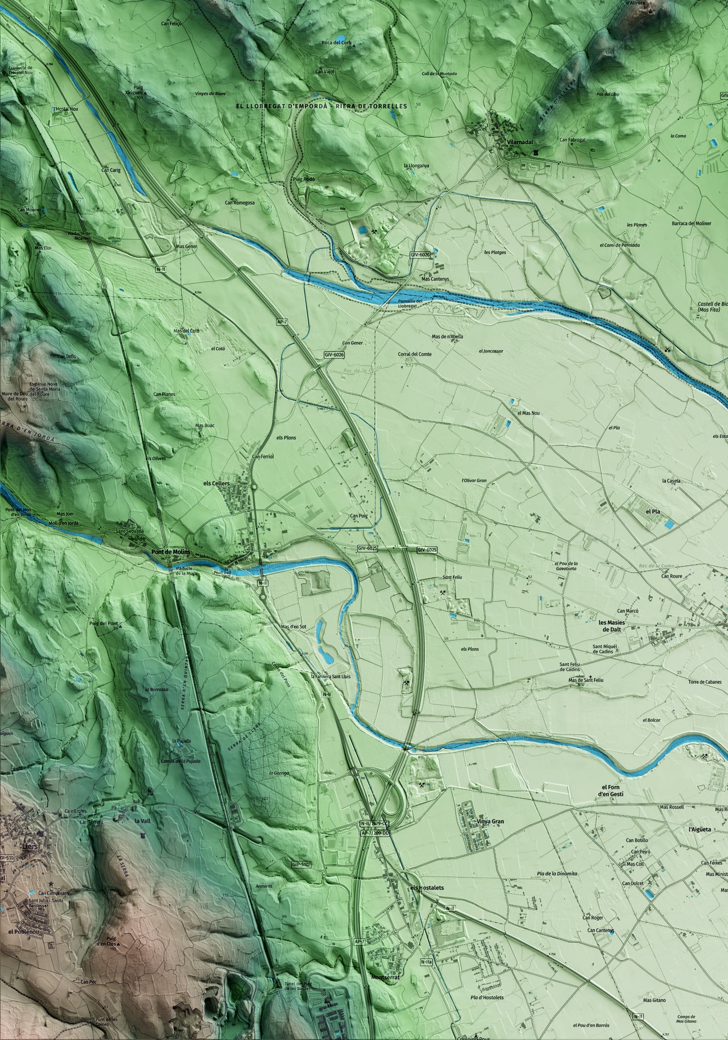 Mapa artístico del relieve de Masarac i Vilarnadal, al Alt Empordà, con 15 km de entorno y base topográfica ICGC. Detalle de la zona inferior izquierda.