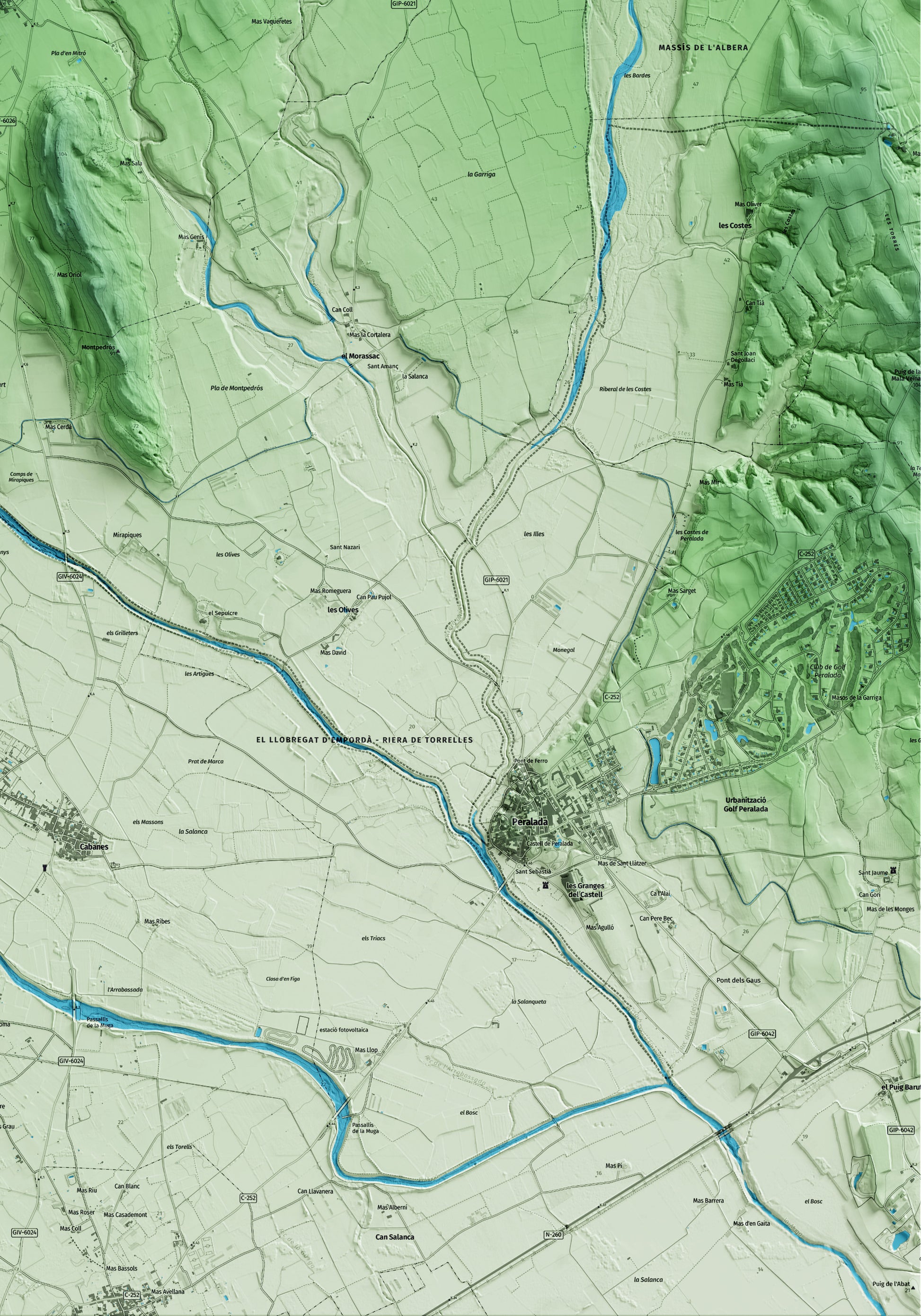Mapa artístico del relieve de Masarac i Vilarnadal, al Alt Empordà, con 15 km de entorno y base topográfica ICGC. Detalle de la zona inferior derecha.