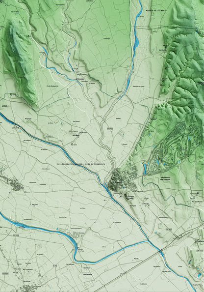Mapa artístico del relieve de Masarac i Vilarnadal, al Alt Empordà, con 15 km de entorno y base topográfica ICGC. Detalle de la zona inferior derecha.