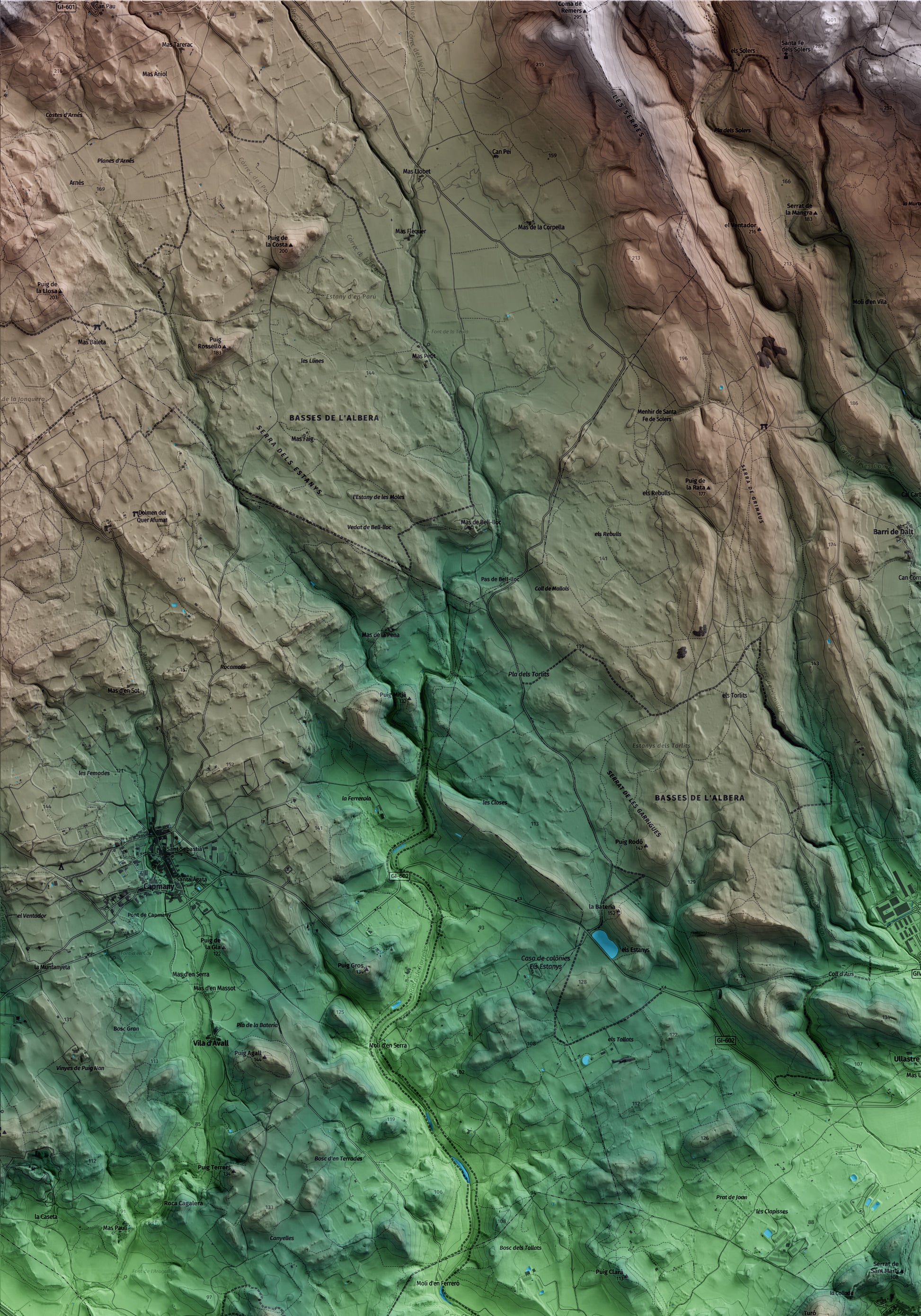 Mapa artístico del relieve de Masarac i Vilarnadal, al Alt Empordà, con 15 km de entorno y base topográfica ICGC. Detalle de la zona superior izquierda.