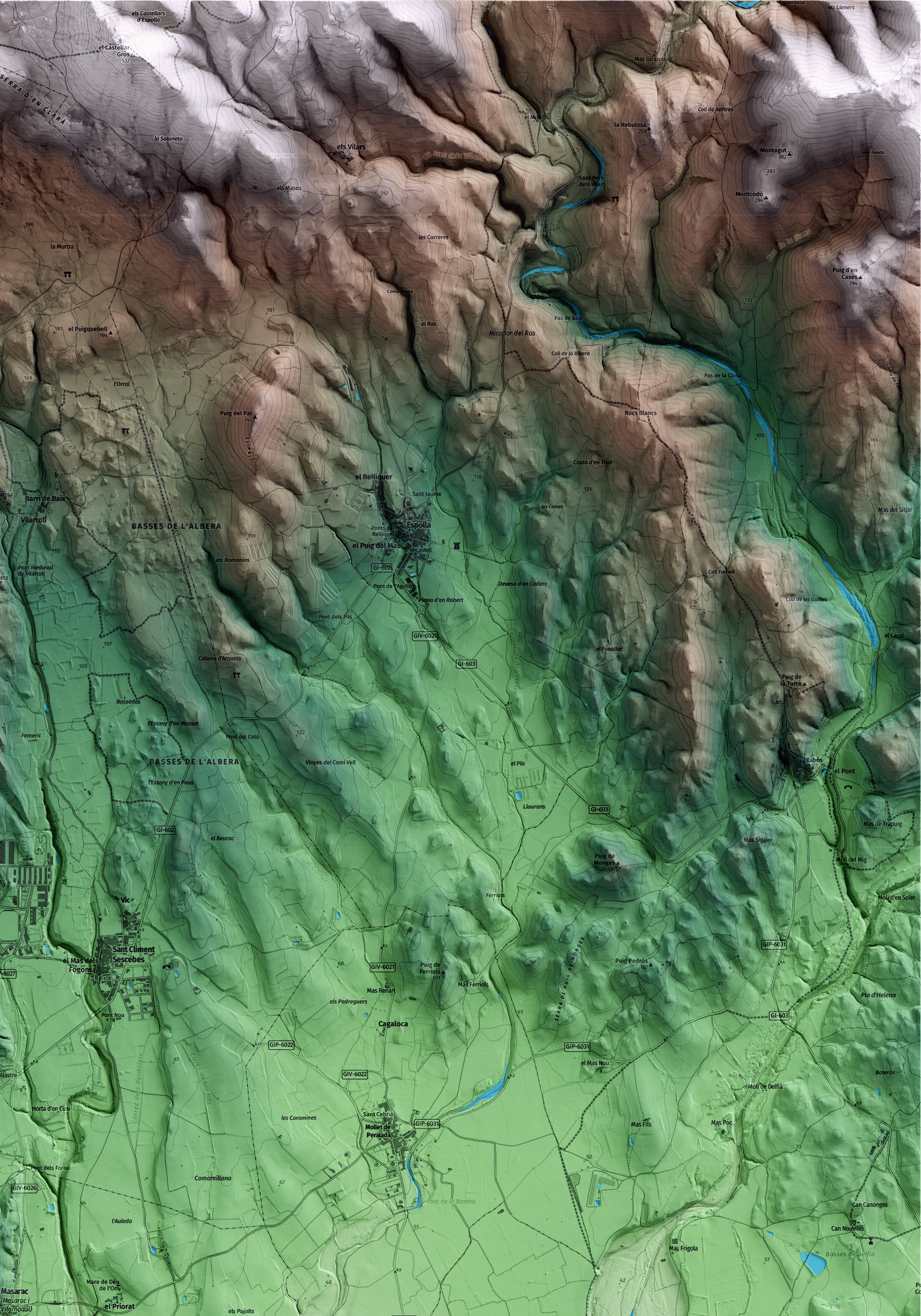 Mapa artístico del relieve de Masarac i Vilarnadal, al Alt Empordà, con 15 km de entorno y base topográfica ICGC. Detalle de la zona superior derecha.