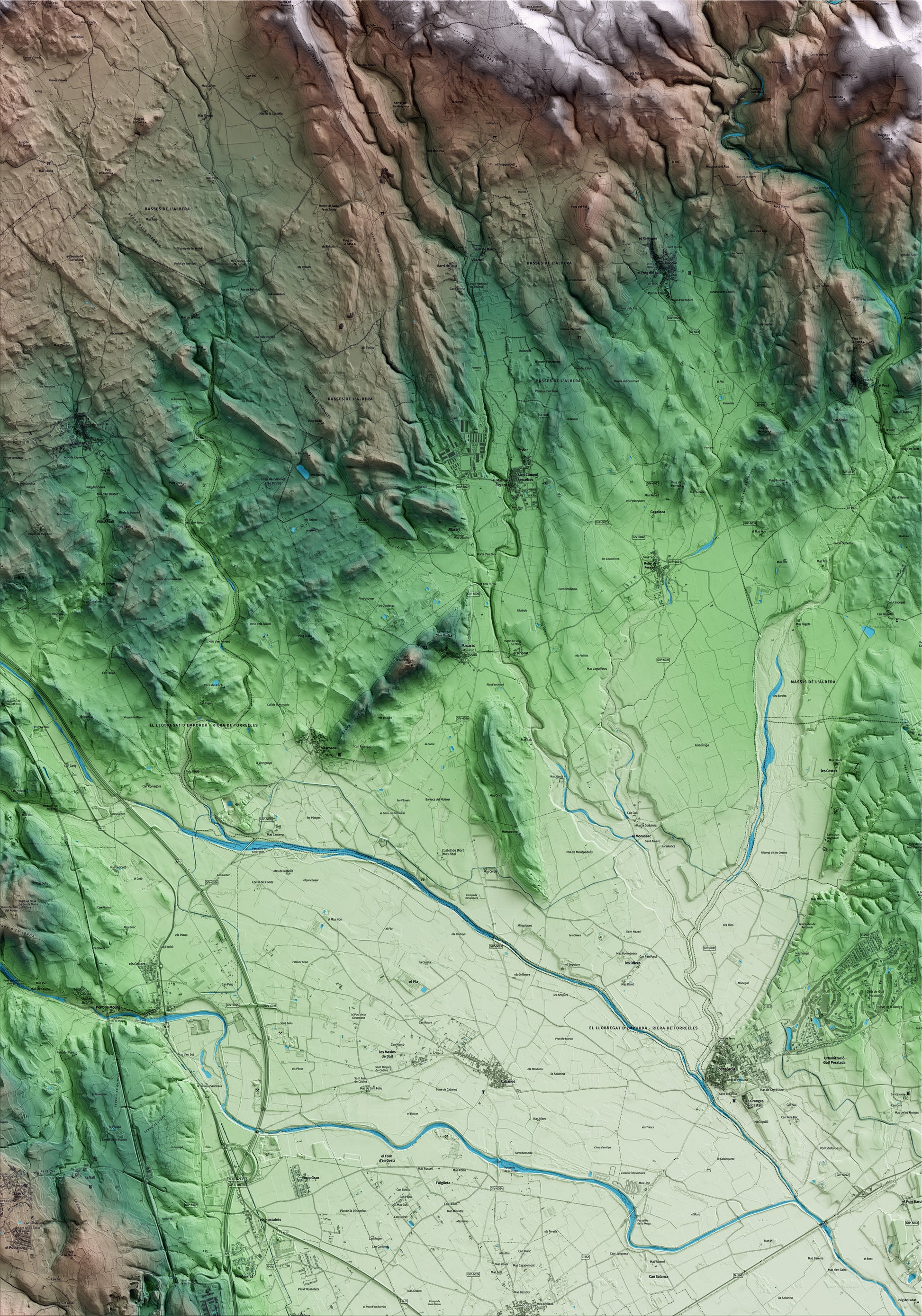 Mapa artístico del relieve de Masarac i Vilarnadal, al Alt Empordà, con 15 km de entorno y base topográfica ICGC