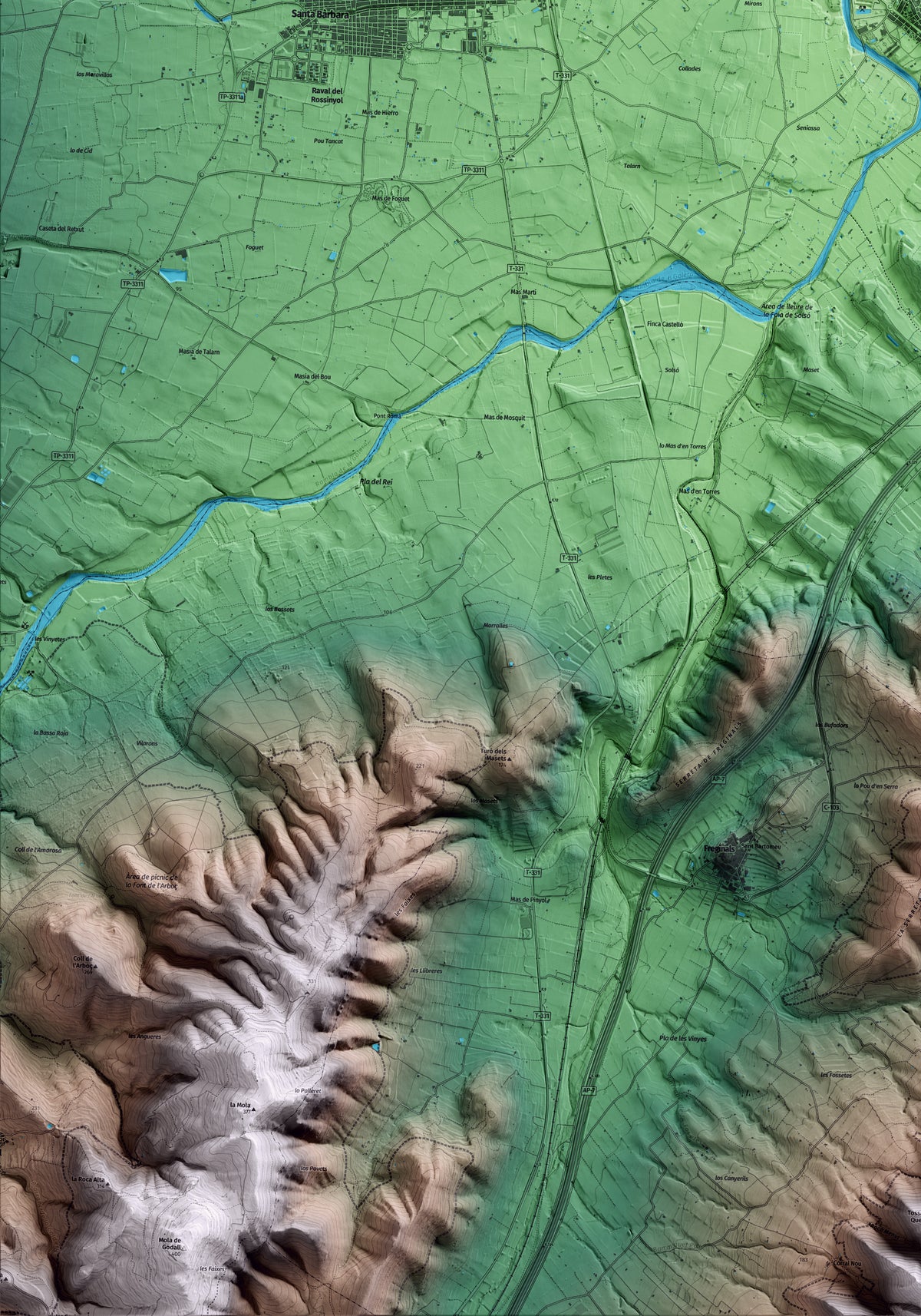 Mapa artístico del relieve de Masdenverge, al Montsià, con 15 km de entorno y base topográfica ICGC. Detalle de la zona inferior izquierda.