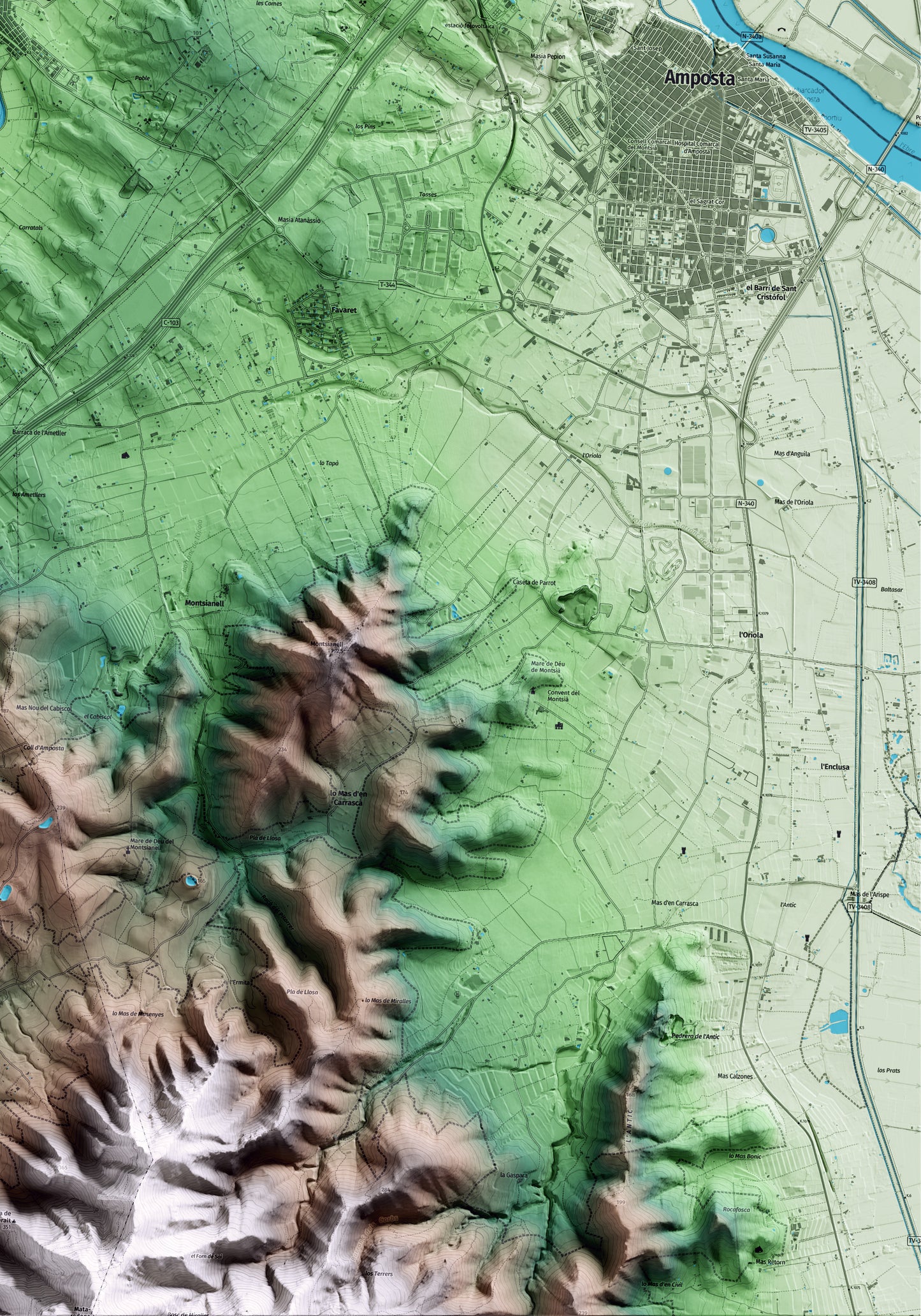 Mapa artístico del relieve de Masdenverge, al Montsià, con 15 km de entorno y base topográfica ICGC. Detalle de la zona inferior derecha.