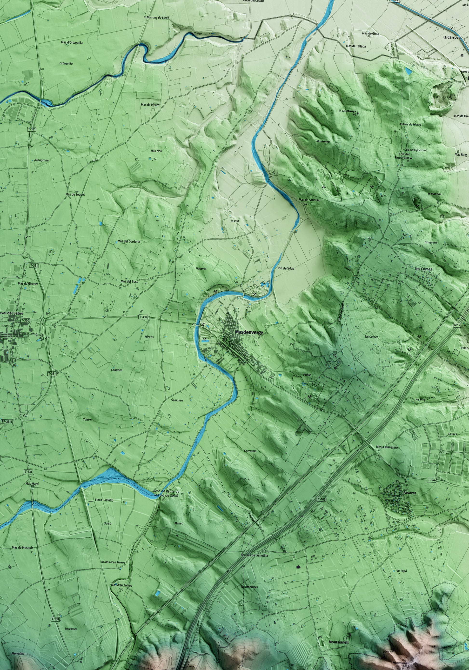 Mapa artístico del relieve de Masdenverge, al Montsià, con 15 km de entorno y base topográfica ICGC. Detalle de la zona central.