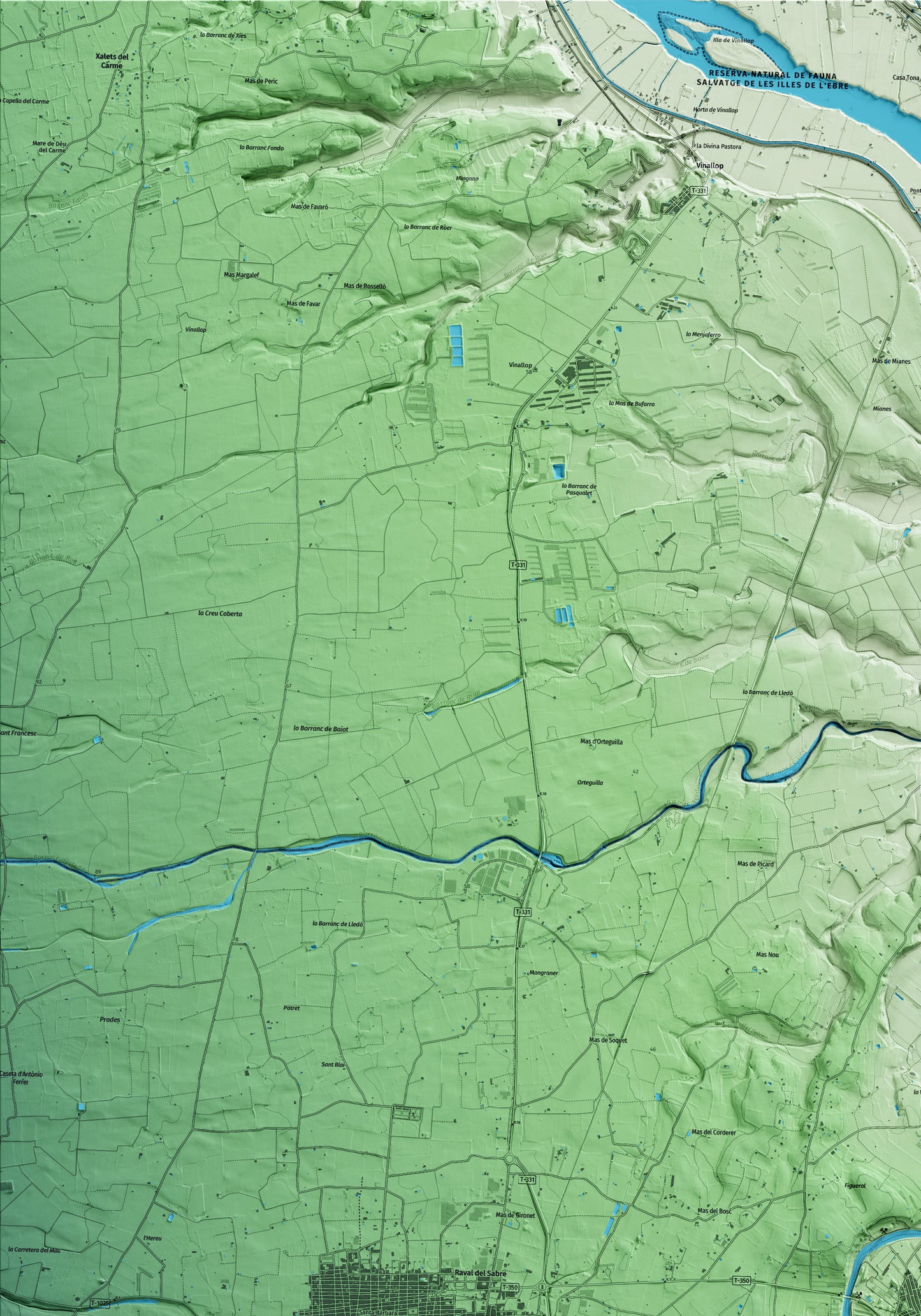 Mapa artístico del relieve de Masdenverge, al Montsià, con 15 km de entorno y base topográfica ICGC. Detalle de la zona superior izquierda.