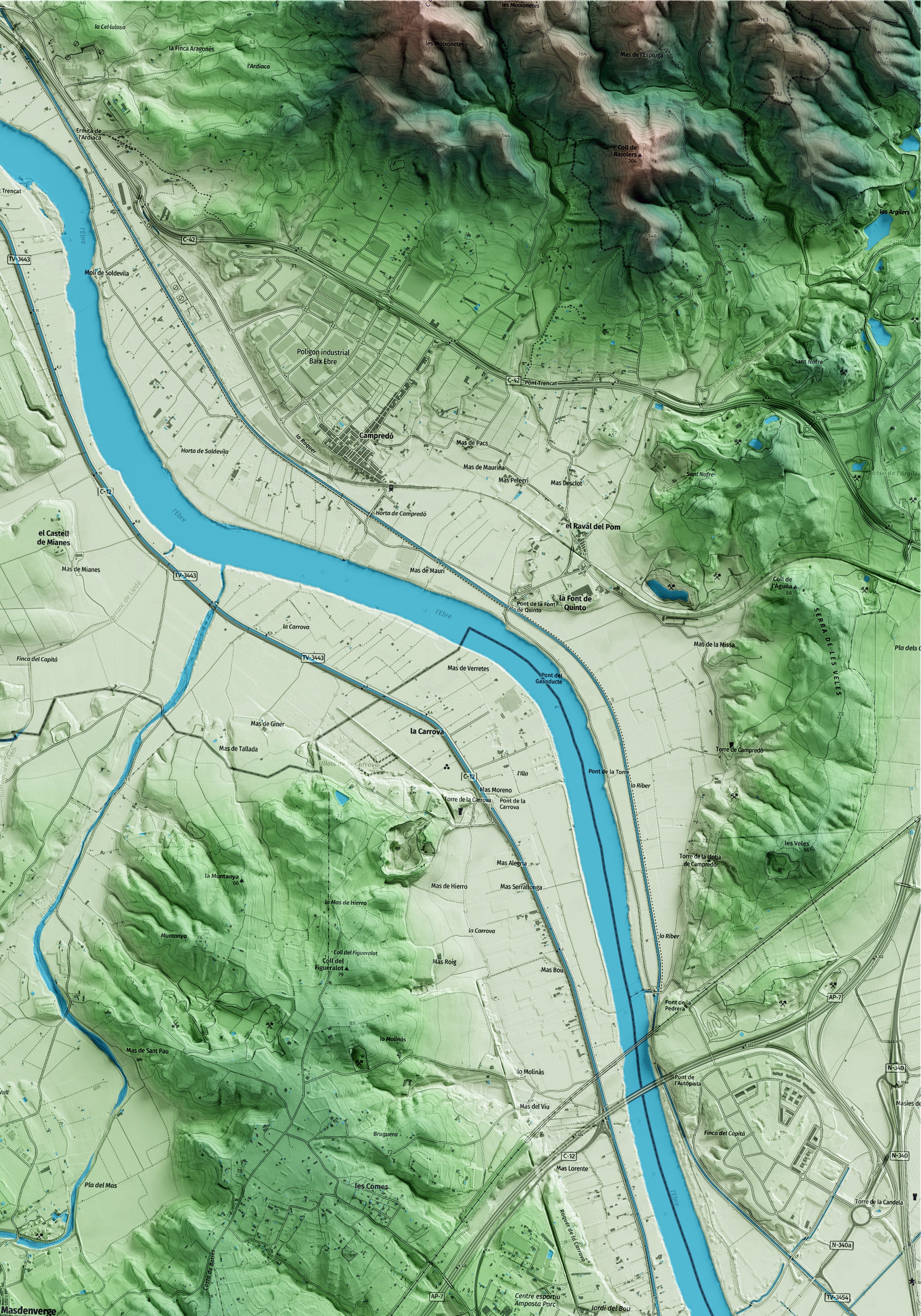 Mapa artístico del relieve de Masdenverge, al Montsià, con 15 km de entorno y base topográfica ICGC. Detalle de la zona superior derecha.