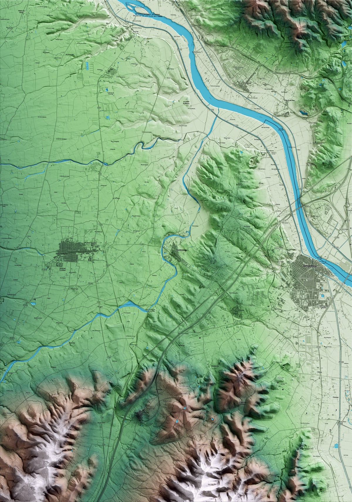 Mapa artístico del relieve de Masdenverge, al Montsià, con 15 km de entorno y base topográfica ICGC