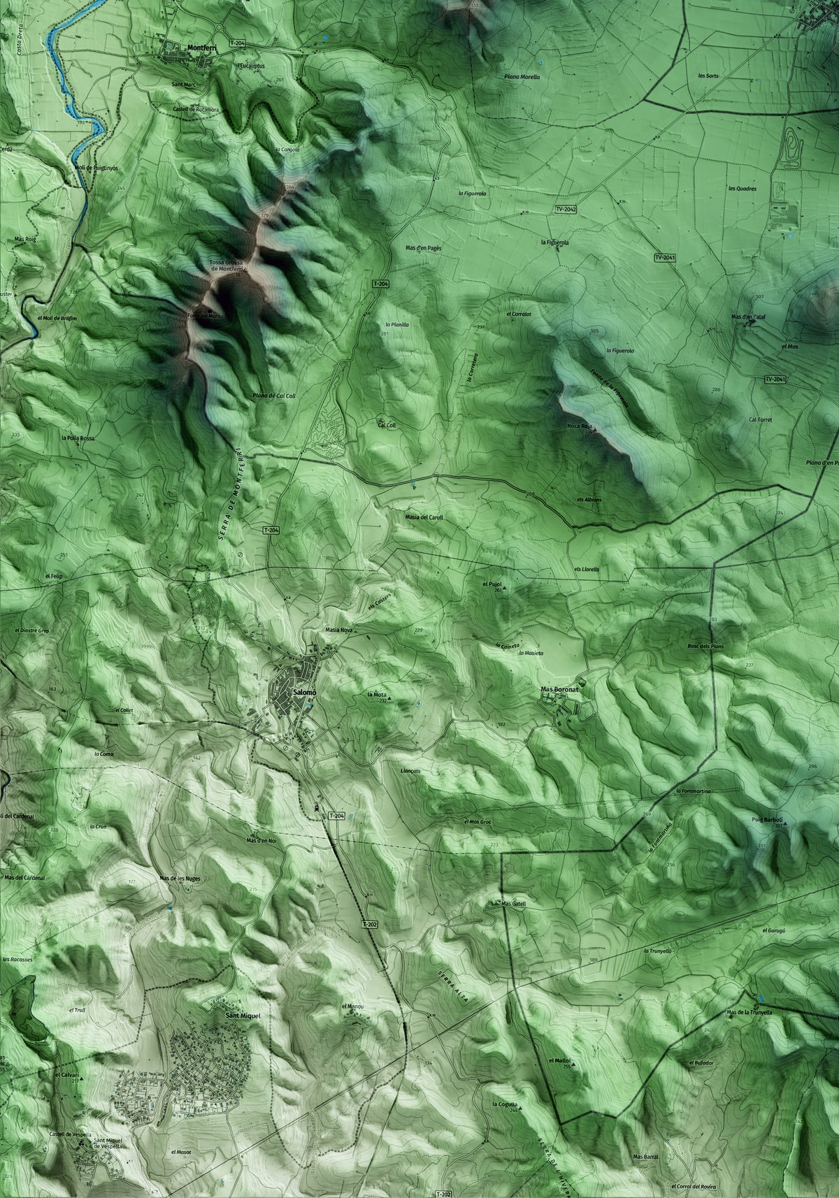 Mapa artístico del relieve de Masllorenç, al Baix Penedès, con 15 km de entorno y base topográfica ICGC. Detalle de la zona inferior izquierda.