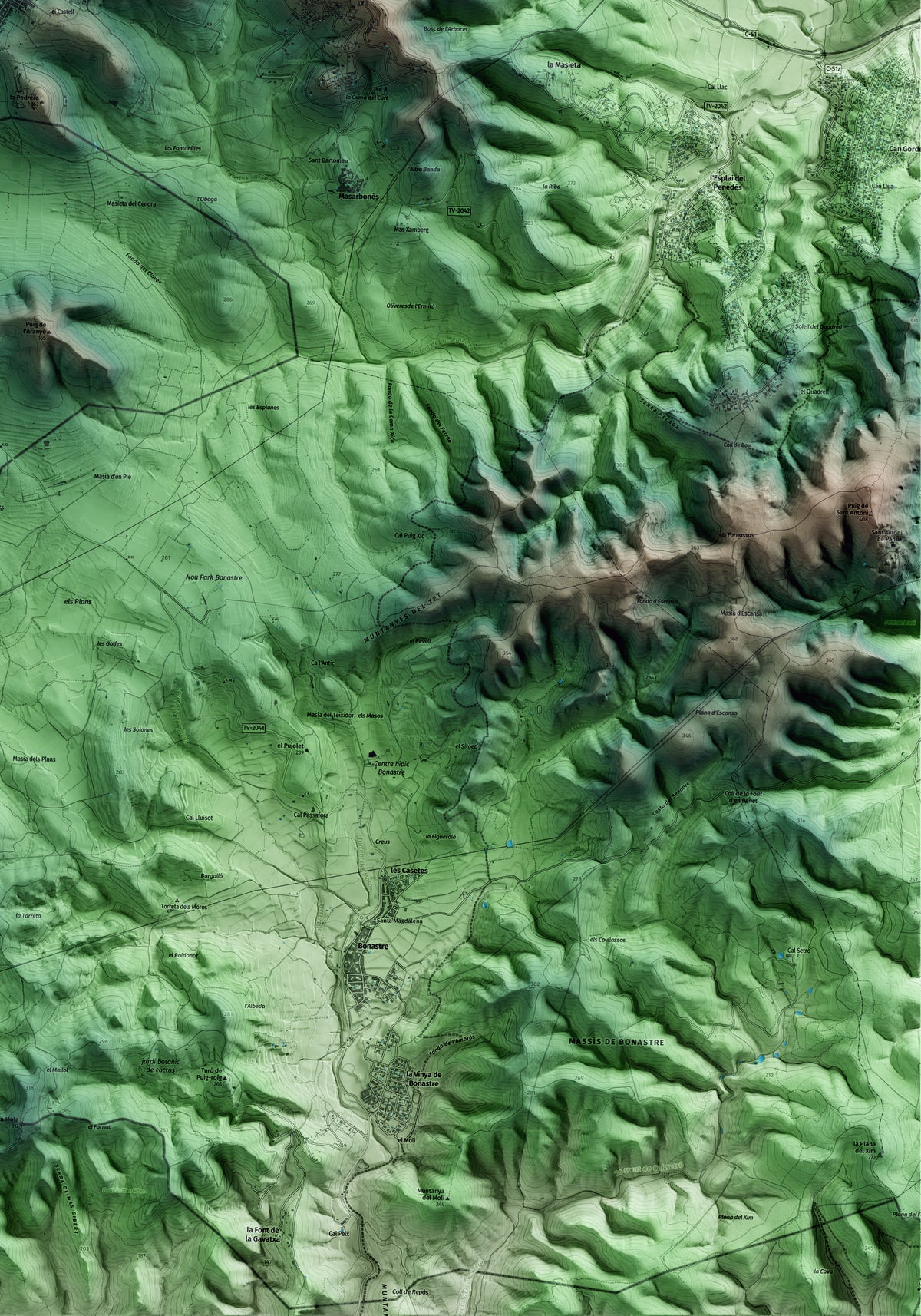 Mapa artístico del relieve de Masllorenç, al Baix Penedès, con 15 km de entorno y base topográfica ICGC. Detalle de la zona inferior derecha.