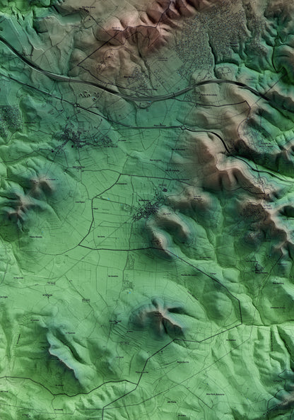 Mapa artístico del relieve de Masllorenç, al Baix Penedès, con 15 km de entorno y base topográfica ICGC. Detalle de la zona central.