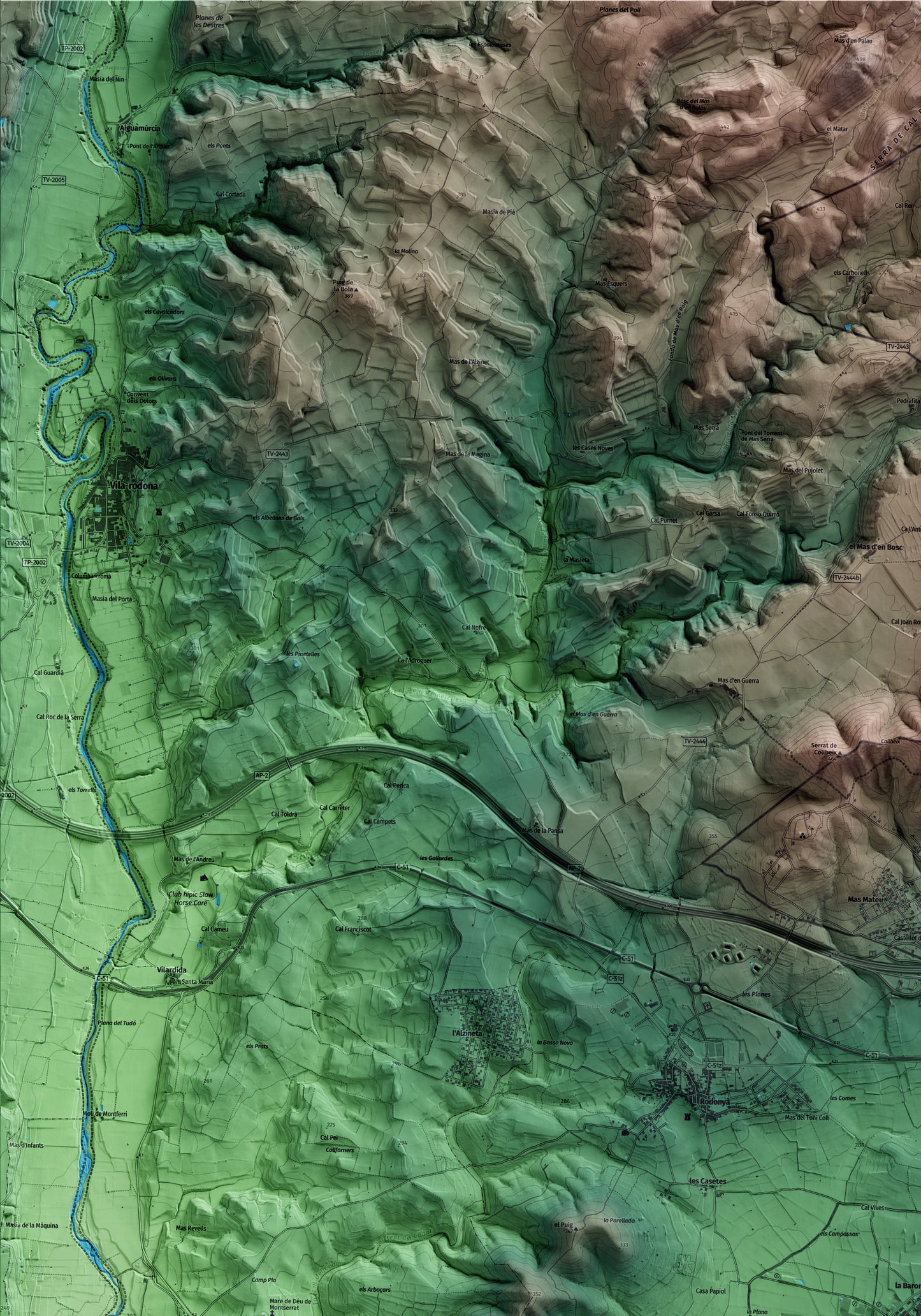 Mapa artístico del relieve de Masllorenç, al Baix Penedès, con 15 km de entorno y base topográfica ICGC. Detalle de la zona superior izquierda.