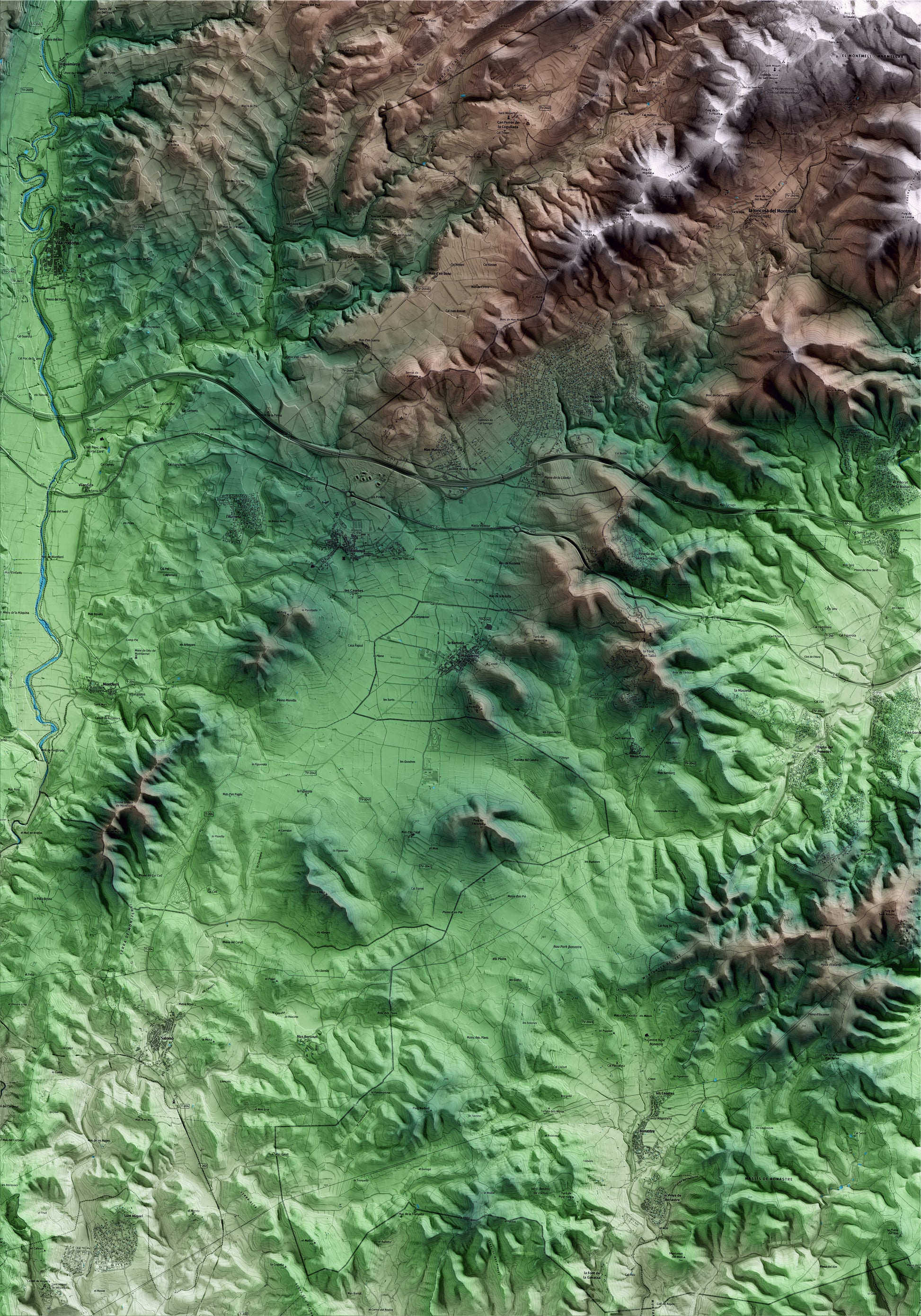 Mapa artístico del relieve de Masllorenç, al Baix Penedès, con 15 km de entorno y base topográfica ICGC