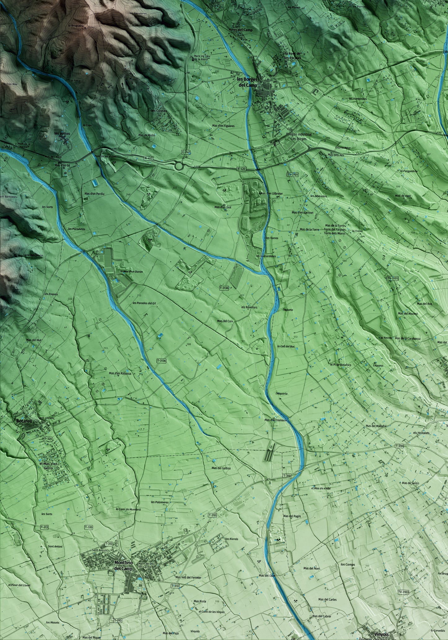 Mapa artístico del relieve de Maspujols, al Baix Camp, con 15 km de entorno y base topográfica ICGC. Detalle de la zona inferior izquierda.