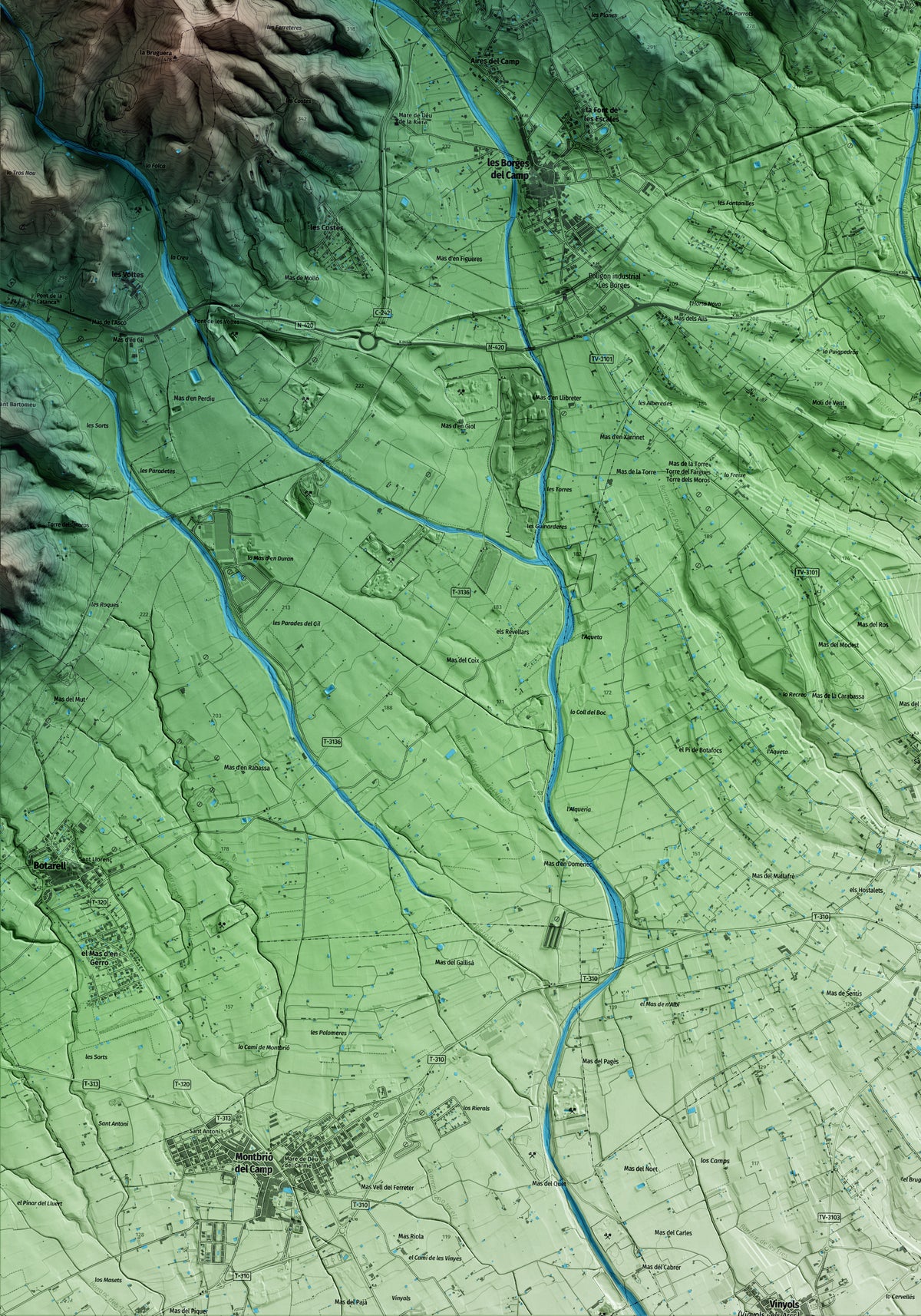 Mapa artístico del relieve de Maspujols, al Baix Camp, con 15 km de entorno y base topográfica ICGC. Detalle de la zona inferior izquierda.